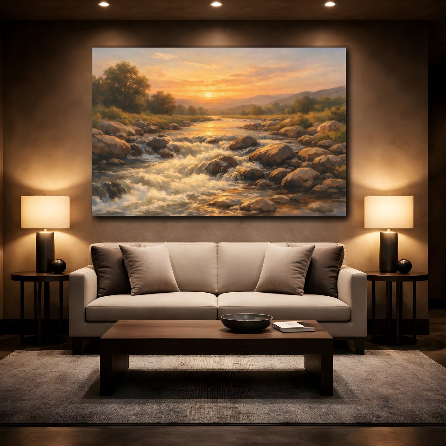 Mockup 3. Nature River Rapids Sunset River shown as stretched canvas wall art