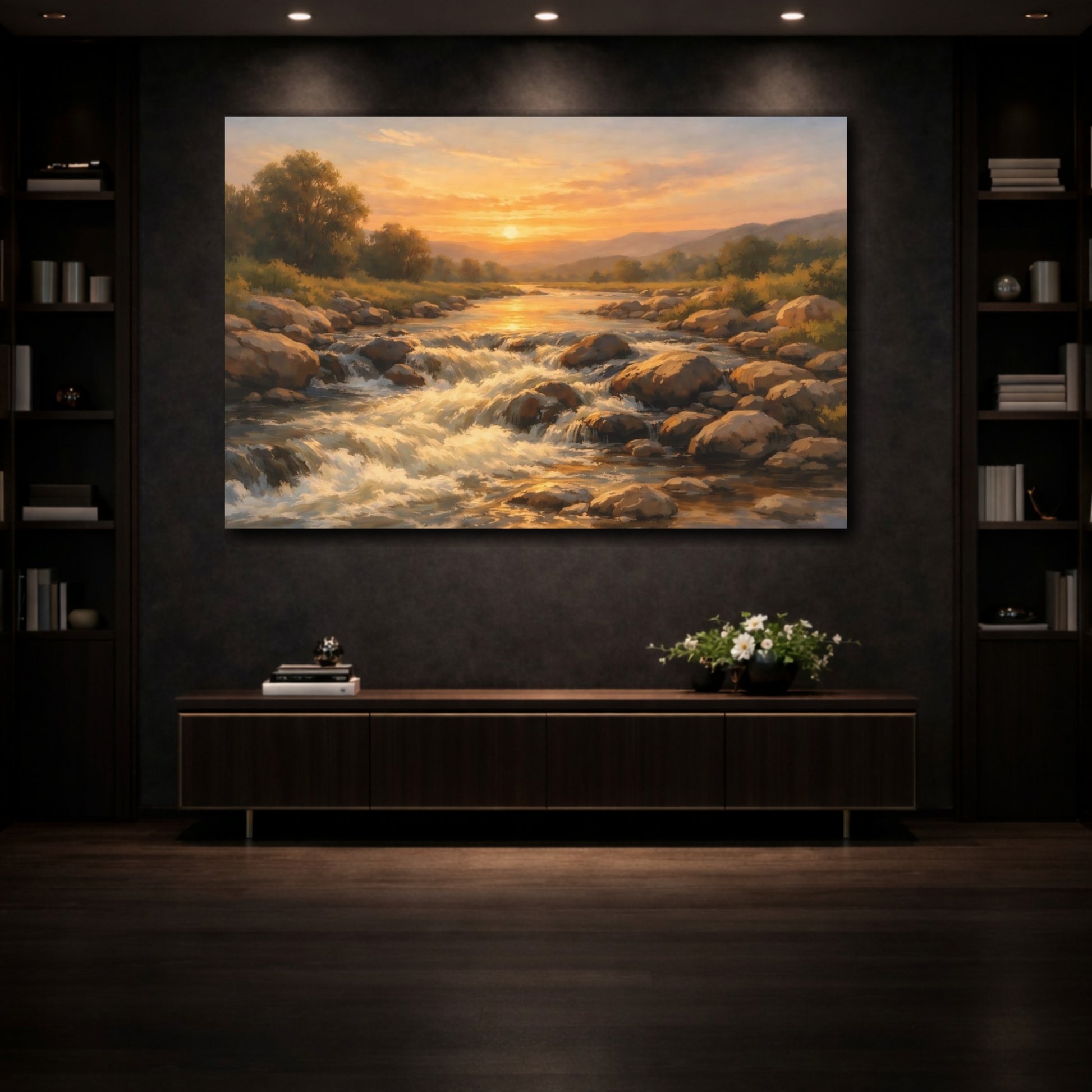 Mockup 4. Nature River Rapids Sunset River shown as stretched canvas wall art