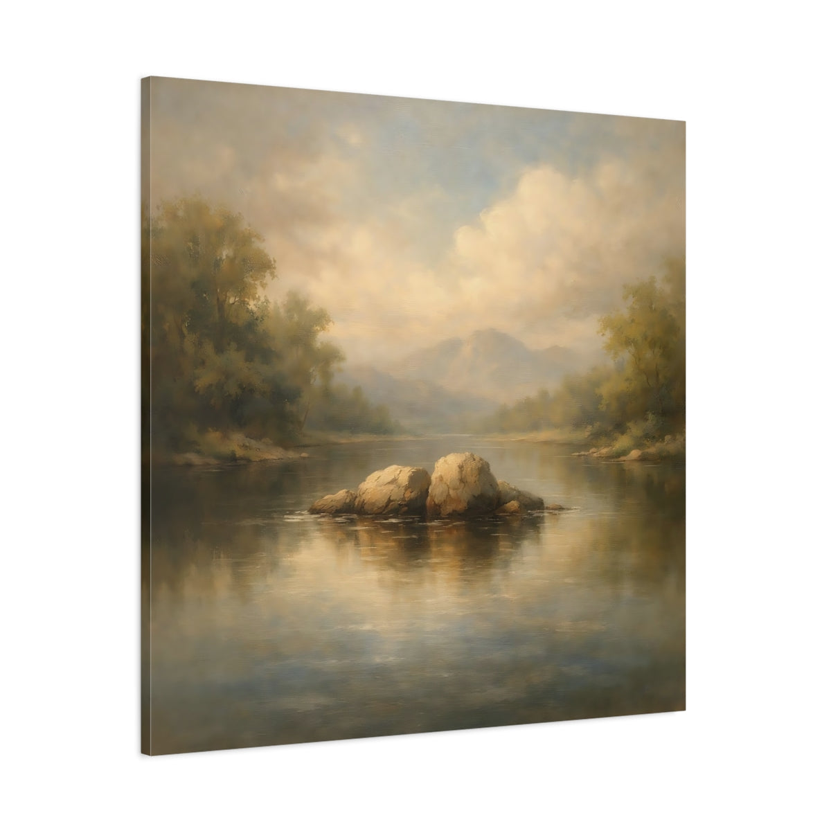 Main Mockup. Nature River Rocks Misty Landscape shown as stretched canvas wall art