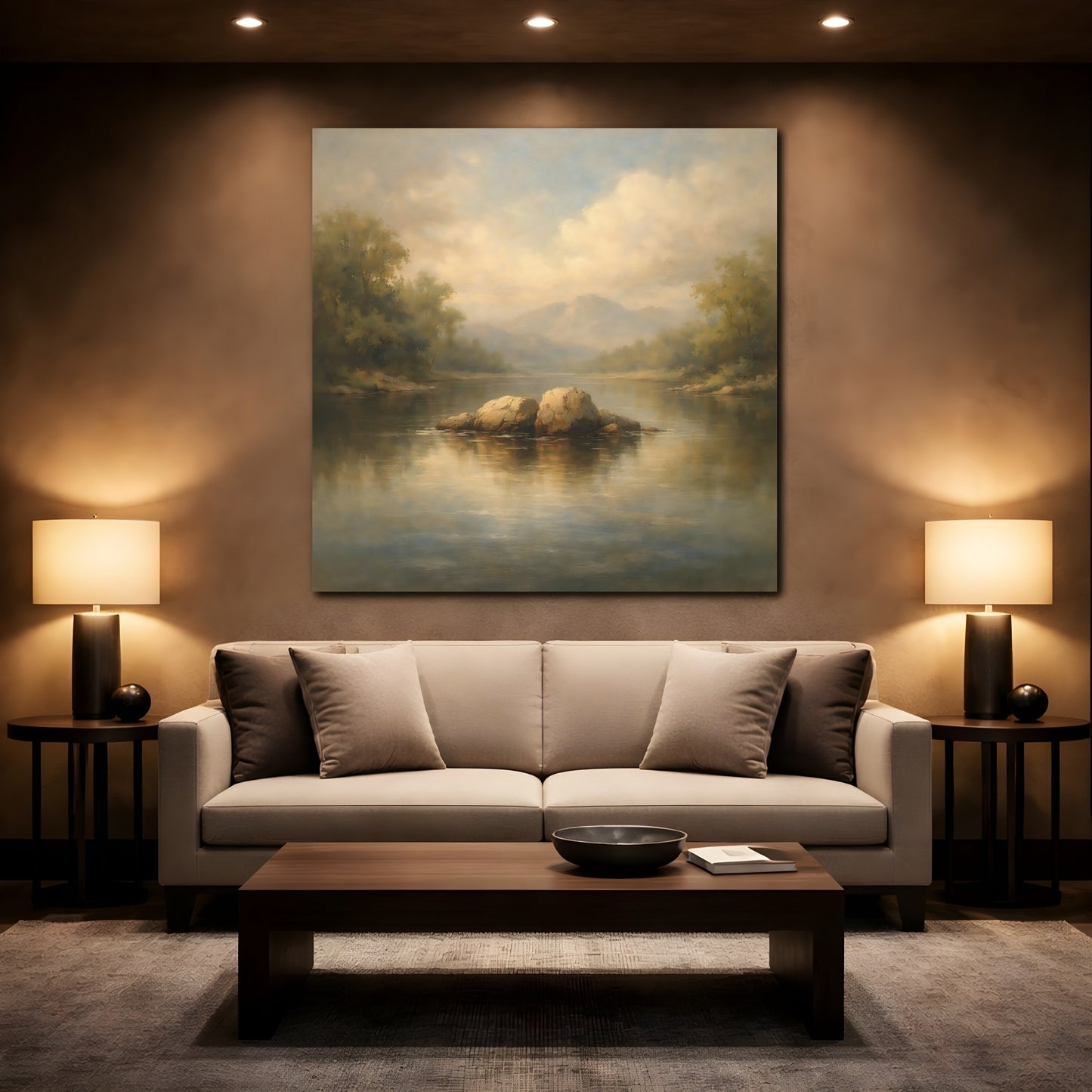 Mockup 2. Nature River Rocks Misty Landscape shown as stretched canvas wall art