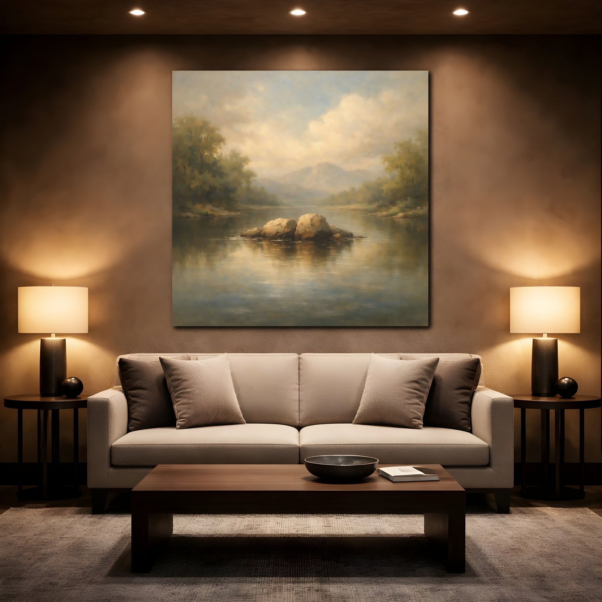 Mockup 2. Nature River Rocks Misty Landscape shown as stretched canvas wall art