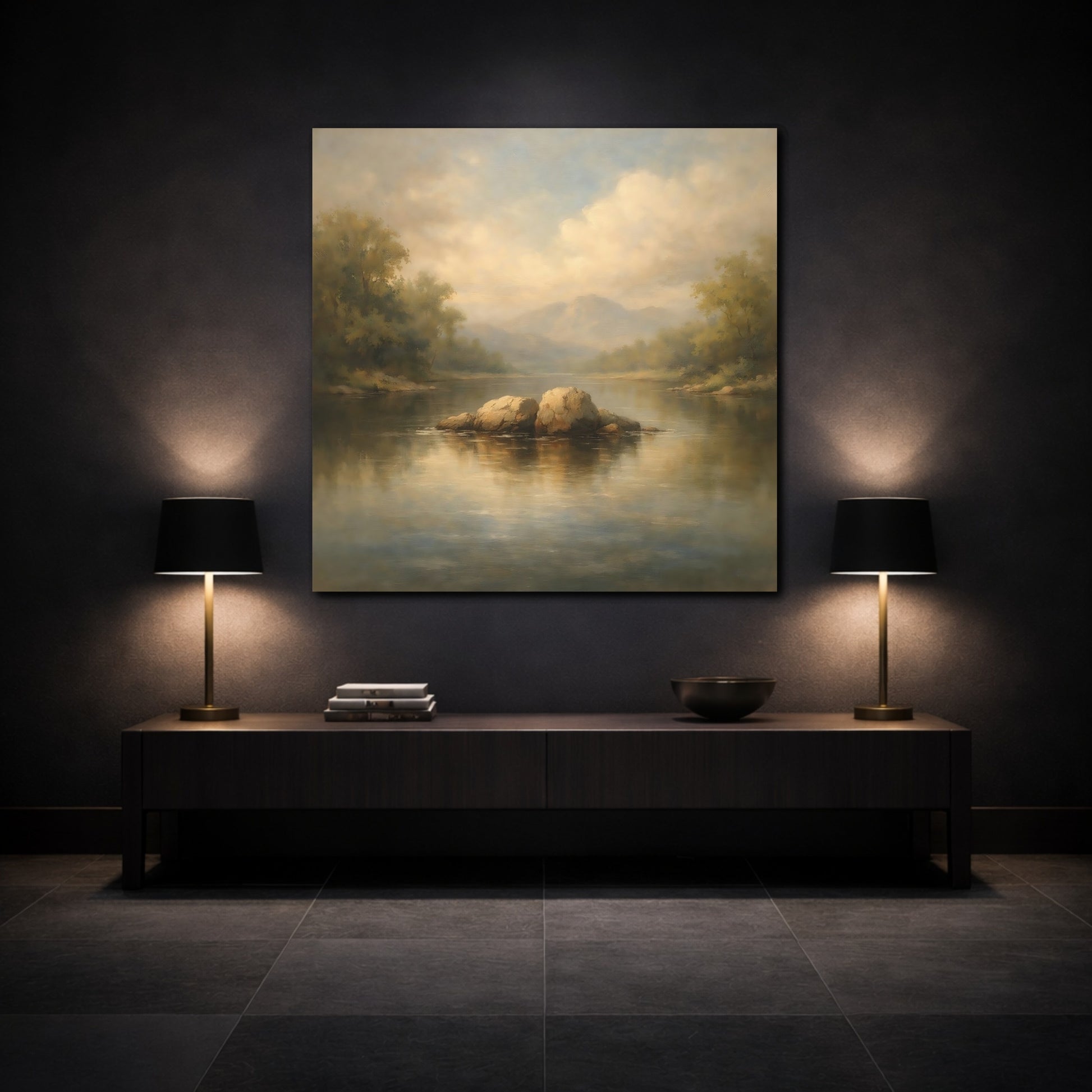 Mockup 3. Nature River Rocks Misty Landscape shown as stretched canvas wall art