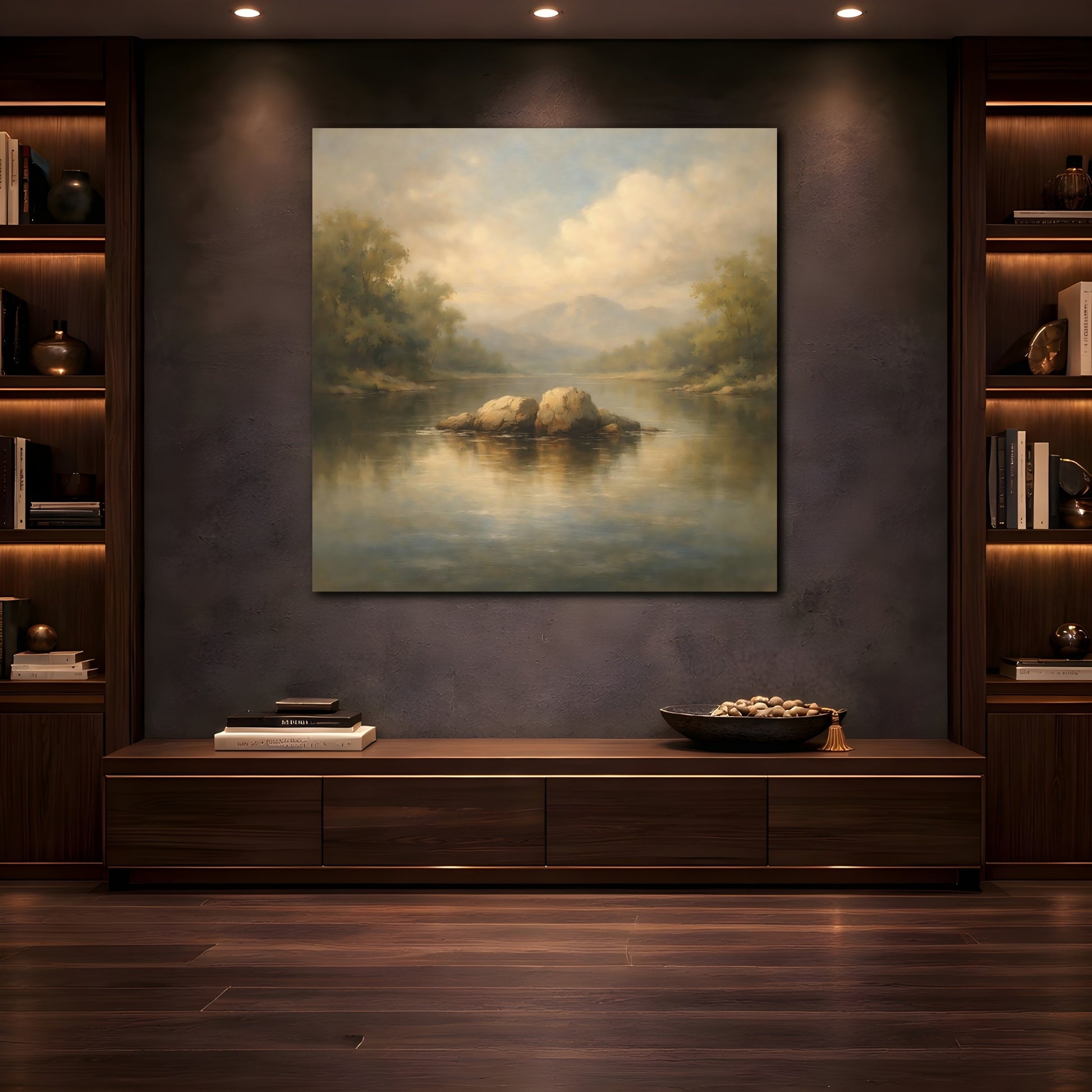 Mockup 4. Nature River Rocks Misty Landscape shown as stretched canvas wall art