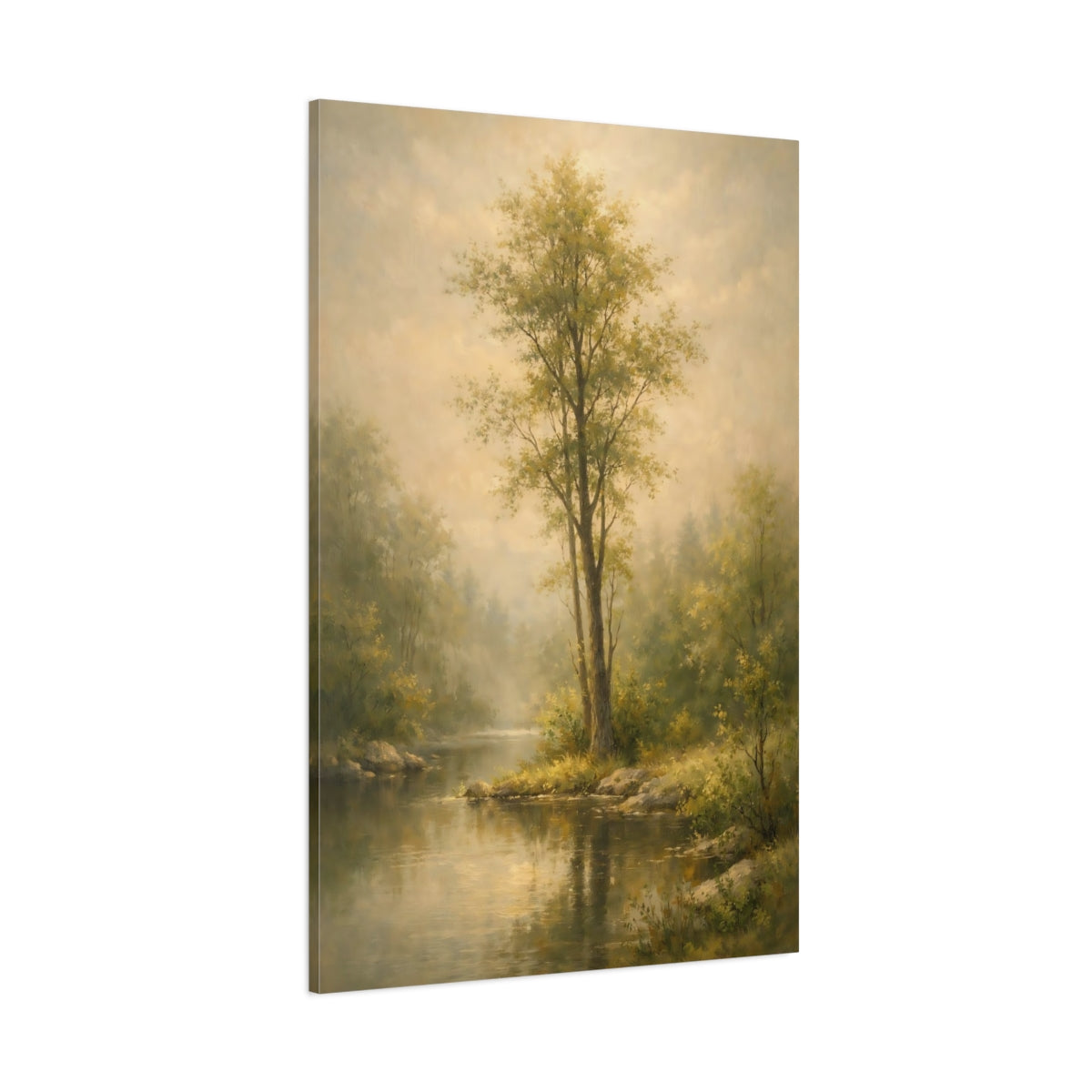 Main Mockup. Nature River Scene Misty Green Landscape shown as stretched canvas wall art