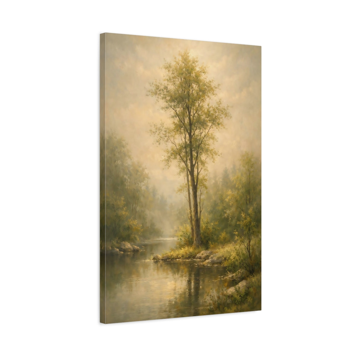 Side Mockup 2. Nature River Scene Misty Green Landscape shown as stretched canvas wall art