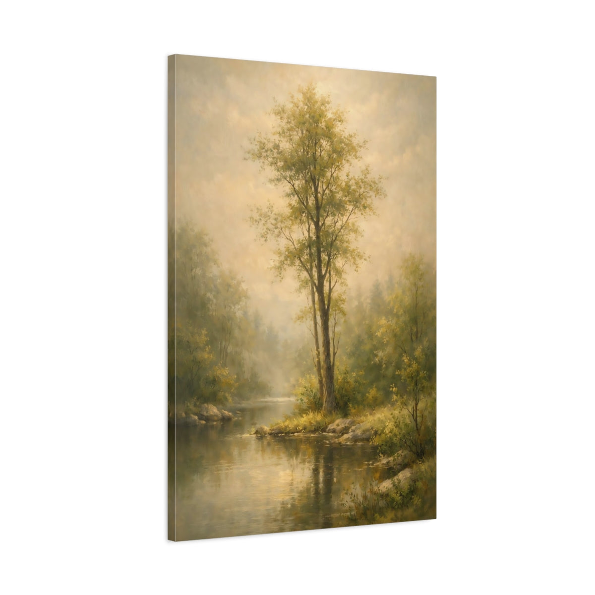 Side Mockup 1. Nature River Scene Misty Green Landscape shown as stretched canvas wall art