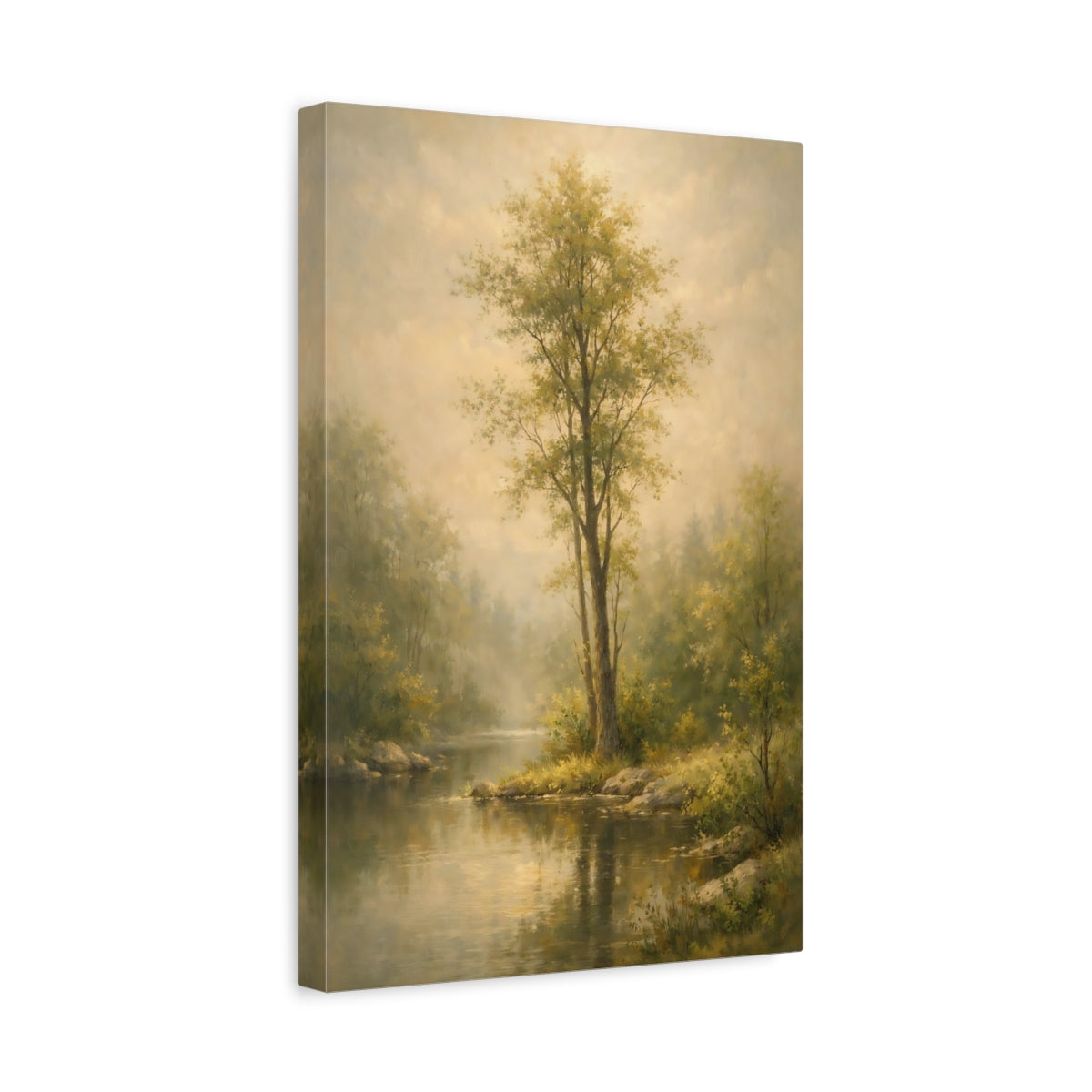 Side Mockup 4. Nature River Scene Misty Green Landscape shown as stretched canvas wall art
