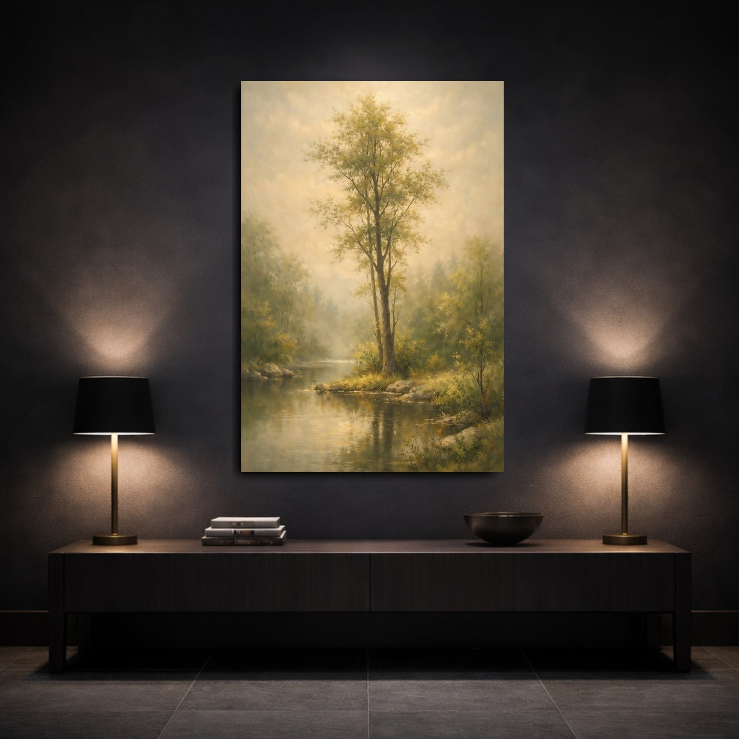 Mockup 2. Nature River Scene Misty Green Landscape shown as stretched canvas wall art