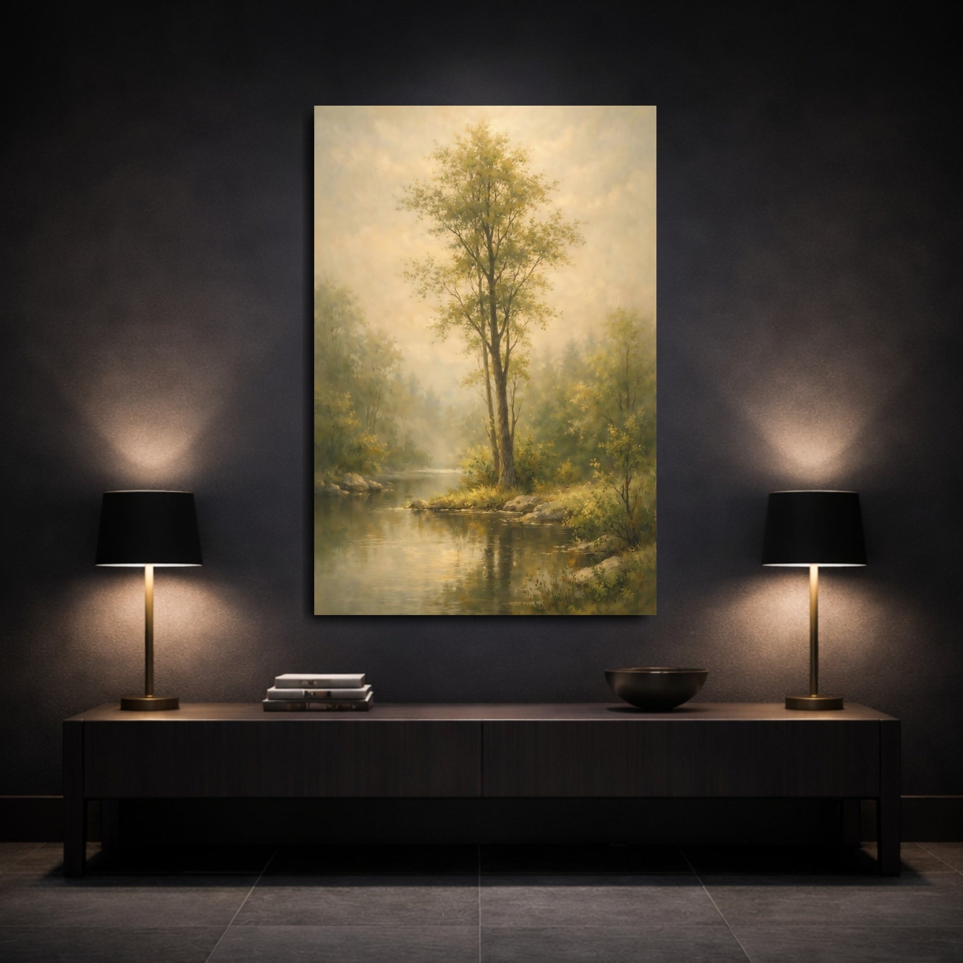 Mockup 2. Nature River Scene Misty Green Landscape shown as stretched canvas wall art