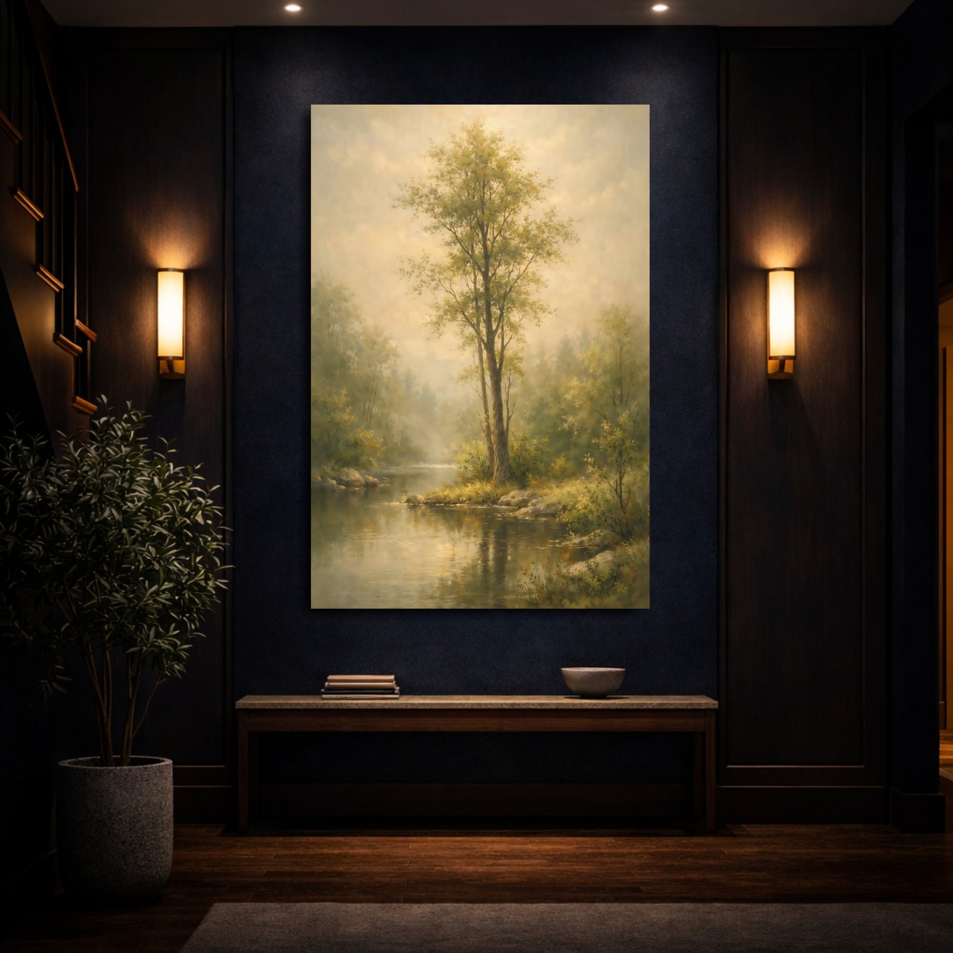 Mockup 3. Nature River Scene Misty Green Landscape shown as stretched canvas wall art