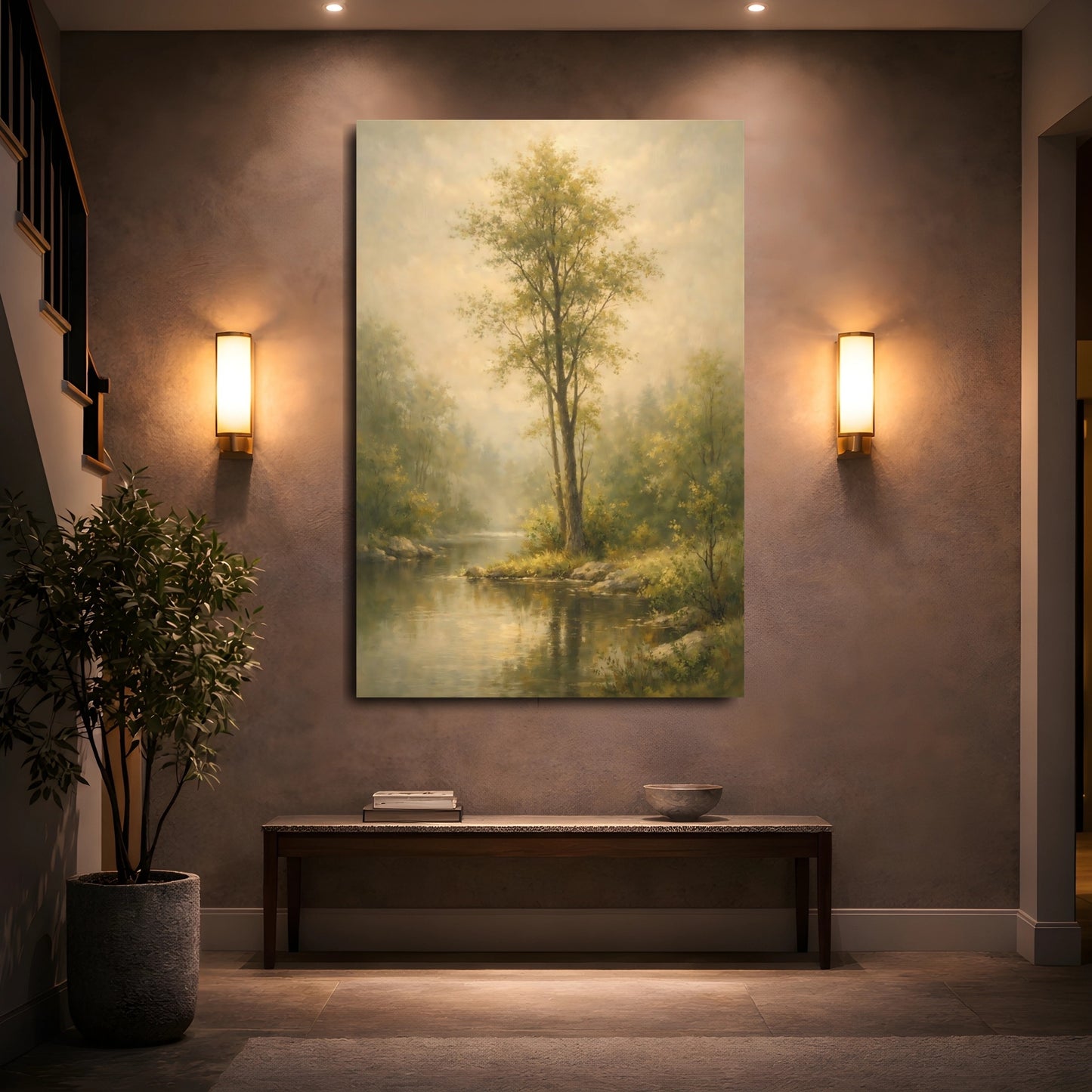 Mockup 4. Nature River Scene Misty Green Landscape shown as stretched canvas wall art