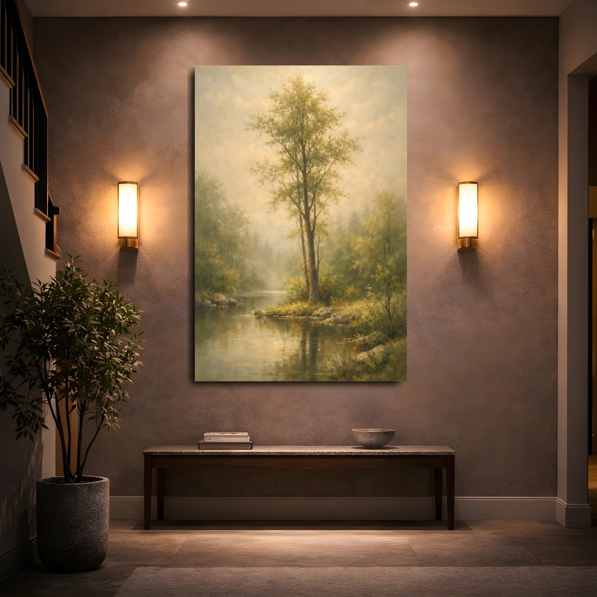 Mockup 4. Nature River Scene Misty Green Landscape shown as stretched canvas wall art