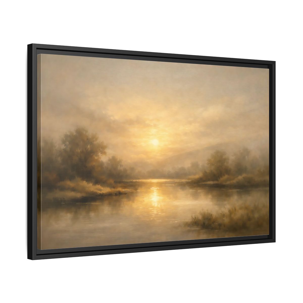 Side Mockup 14. Nature River Sunset Golden Sunset shown as stretched canvas wall art