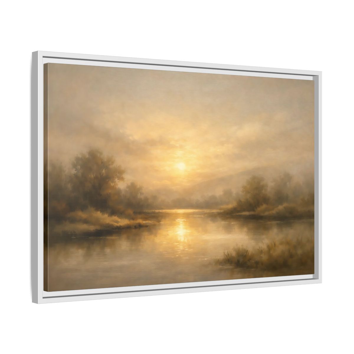 Side Mockup 10. Nature River Sunset Golden Sunset shown as stretched canvas wall art