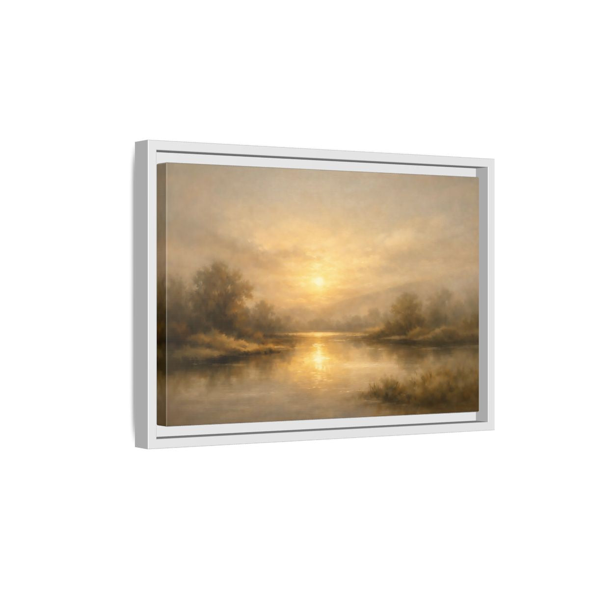 Side Mockup 4. Nature River Sunset Golden Sunset shown as stretched canvas wall art