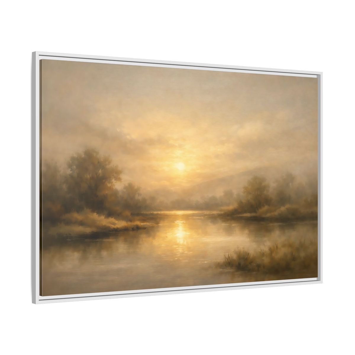 Side Mockup 7. Nature River Sunset Golden Sunset shown as stretched canvas wall art
