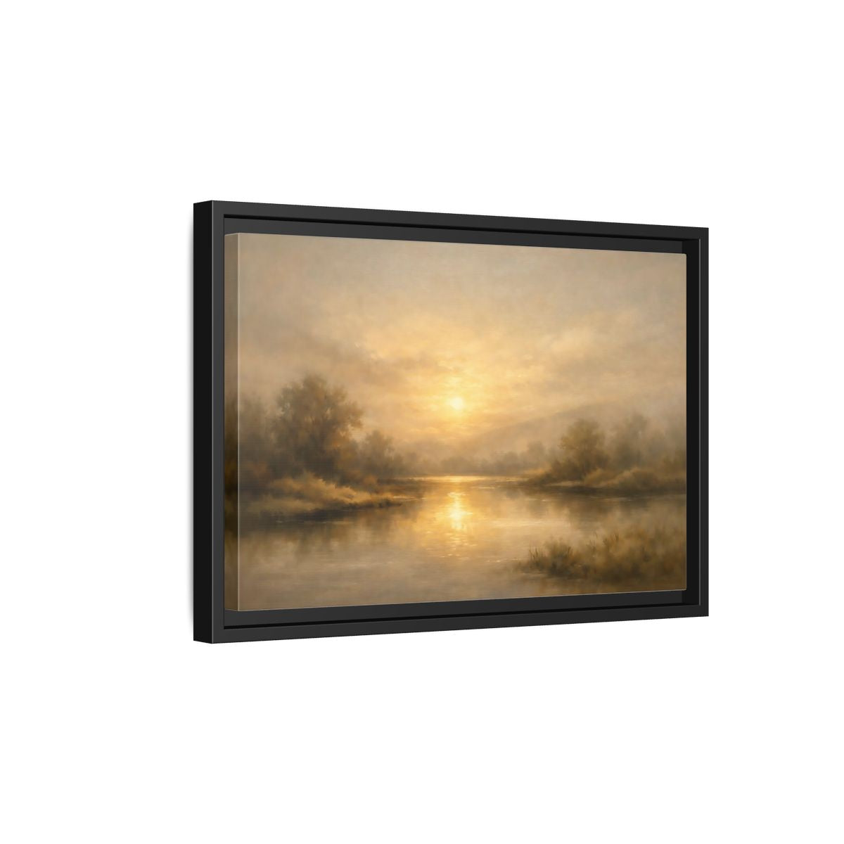 Side Mockup 6. Nature River Sunset Golden Sunset shown as stretched canvas wall art