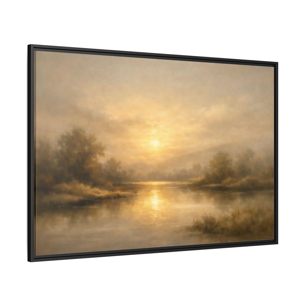Side Mockup 12. Nature River Sunset Golden Sunset shown as stretched canvas wall art