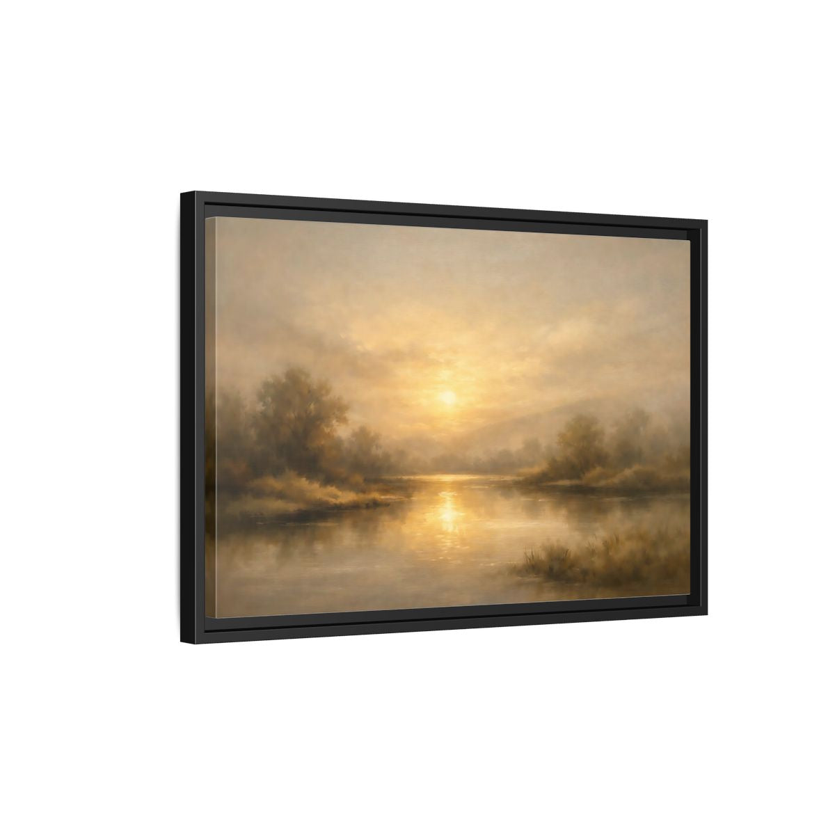Side Mockup 3. Nature River Sunset Golden Sunset shown as stretched canvas wall art