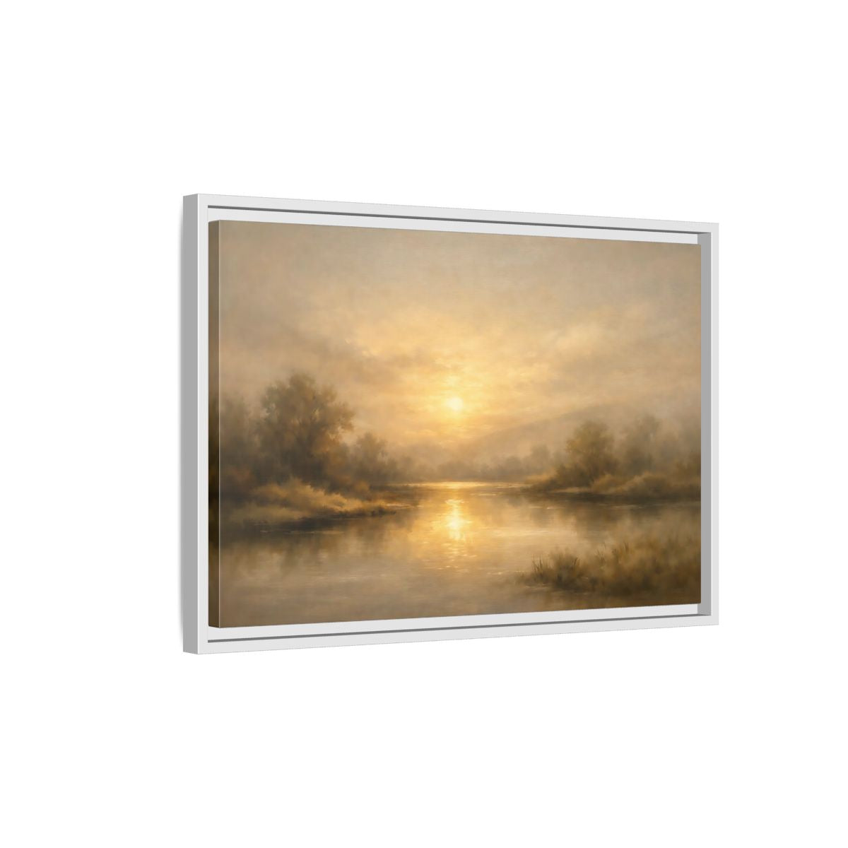 Side Mockup 1. Nature River Sunset Golden Sunset shown as stretched canvas wall art