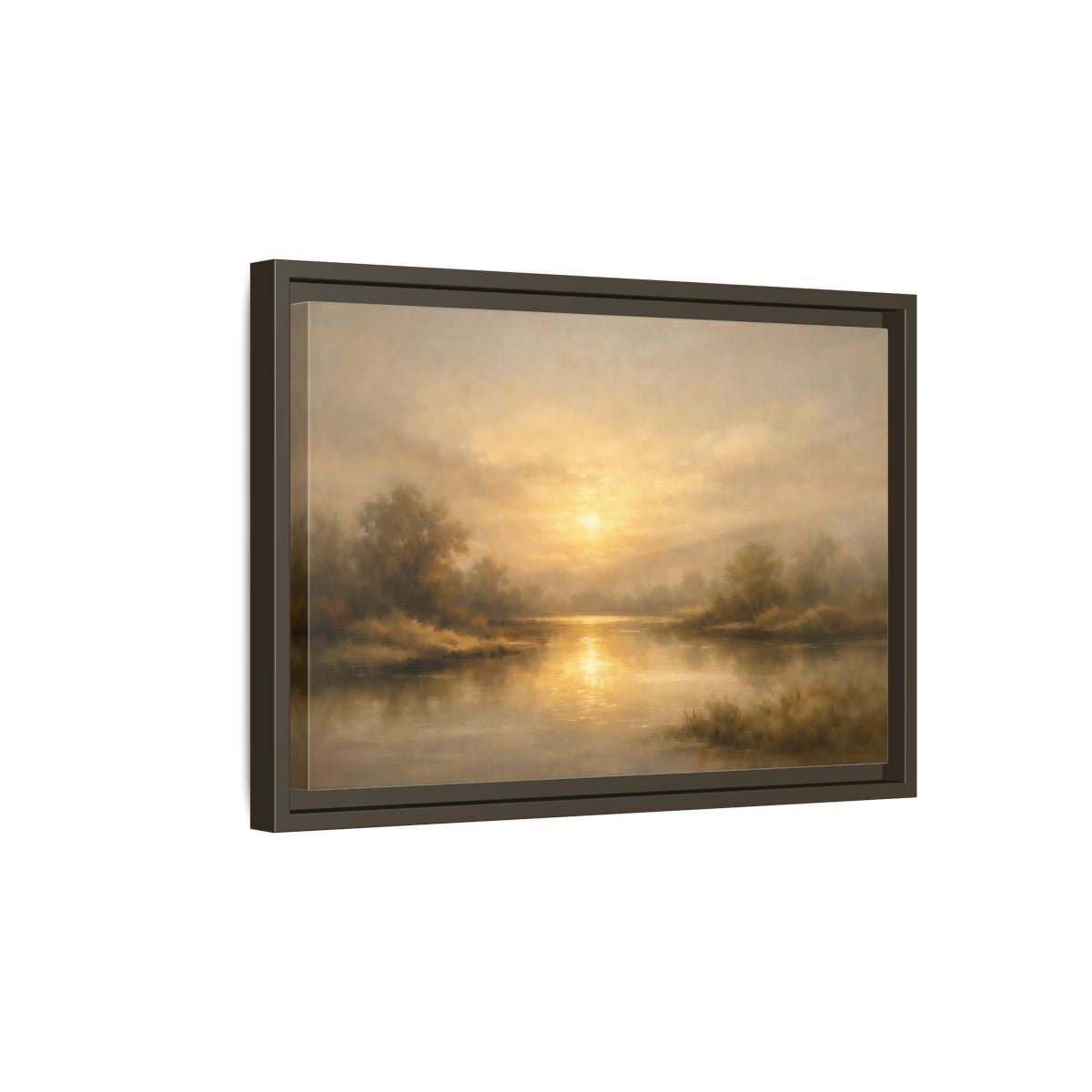 Side Mockup 5. Nature River Sunset Golden Sunset shown as stretched canvas wall art