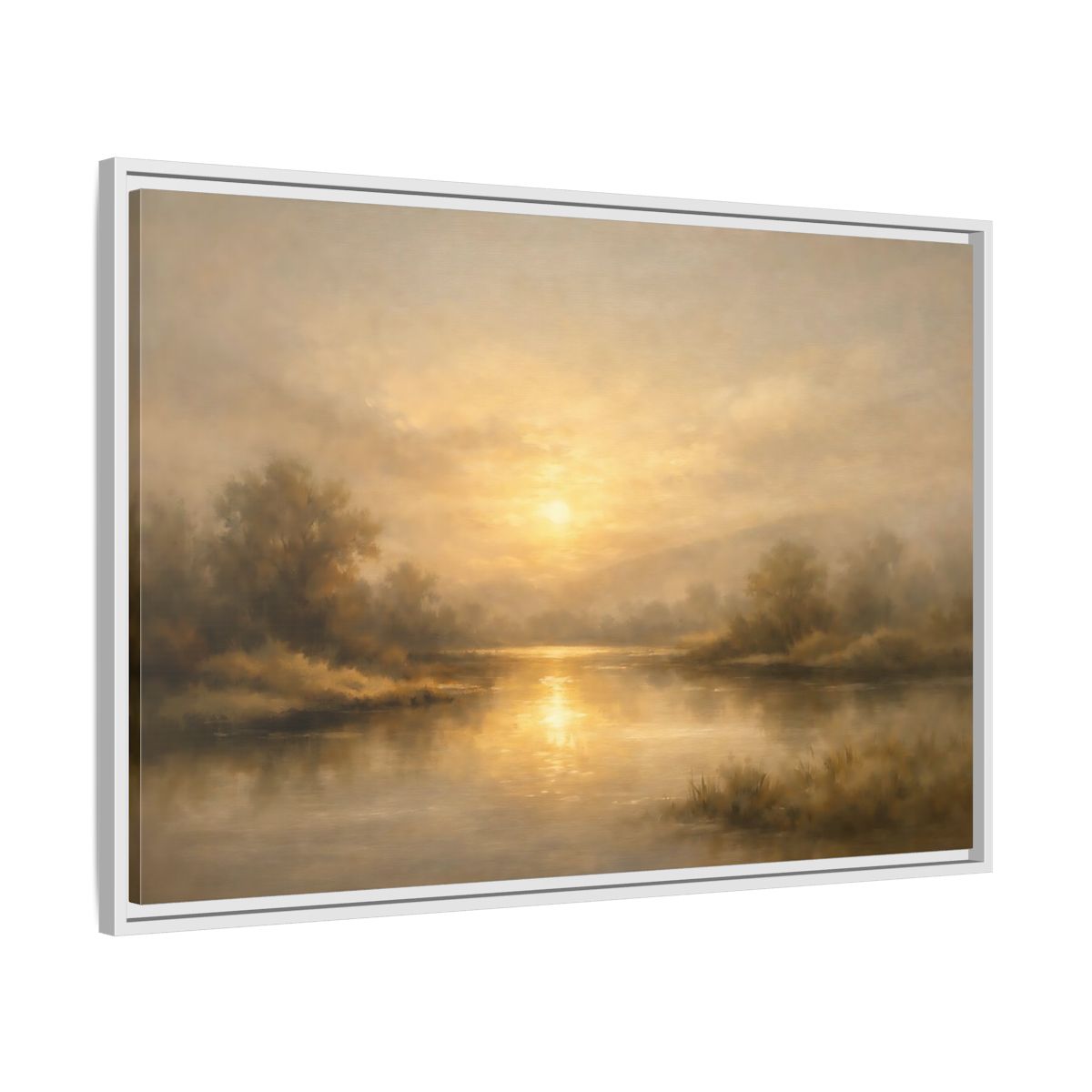 Side Mockup 8. Nature River Sunset Golden Sunset shown as stretched canvas wall art