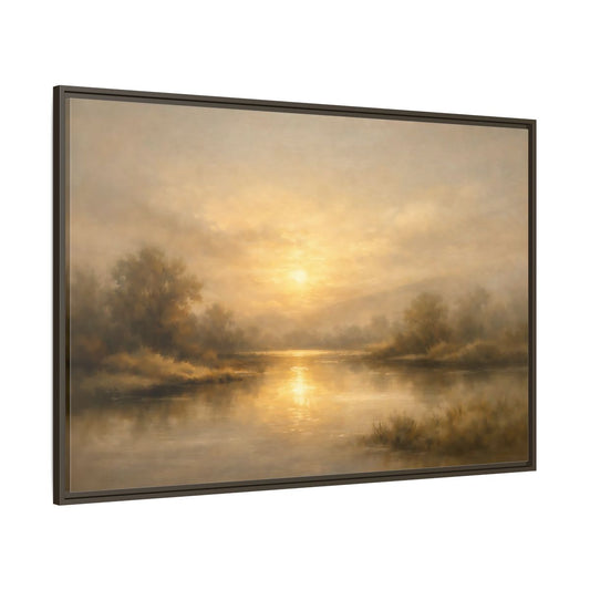 Main Mockup. Nature River Sunset Golden Sunset shown as stretched canvas wall art