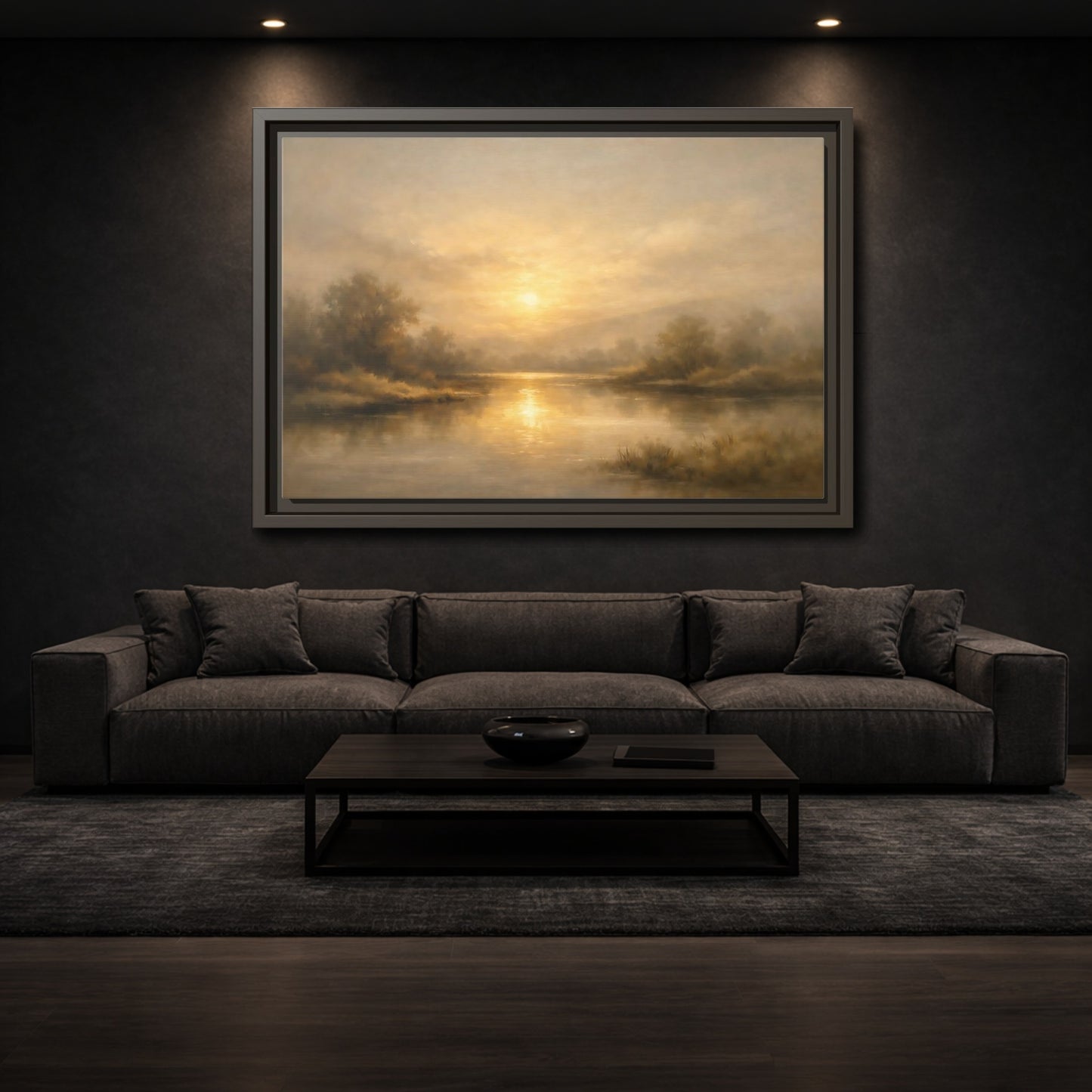 Mockup 2. Nature River Sunset Golden Sunset shown as stretched canvas wall art