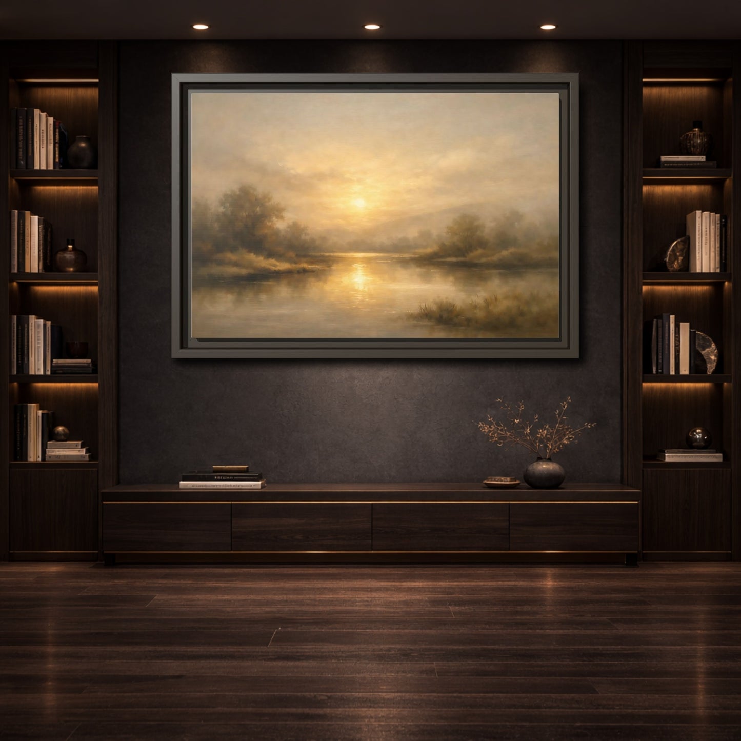 Mockup 3. Nature River Sunset Golden Sunset shown as stretched canvas wall art