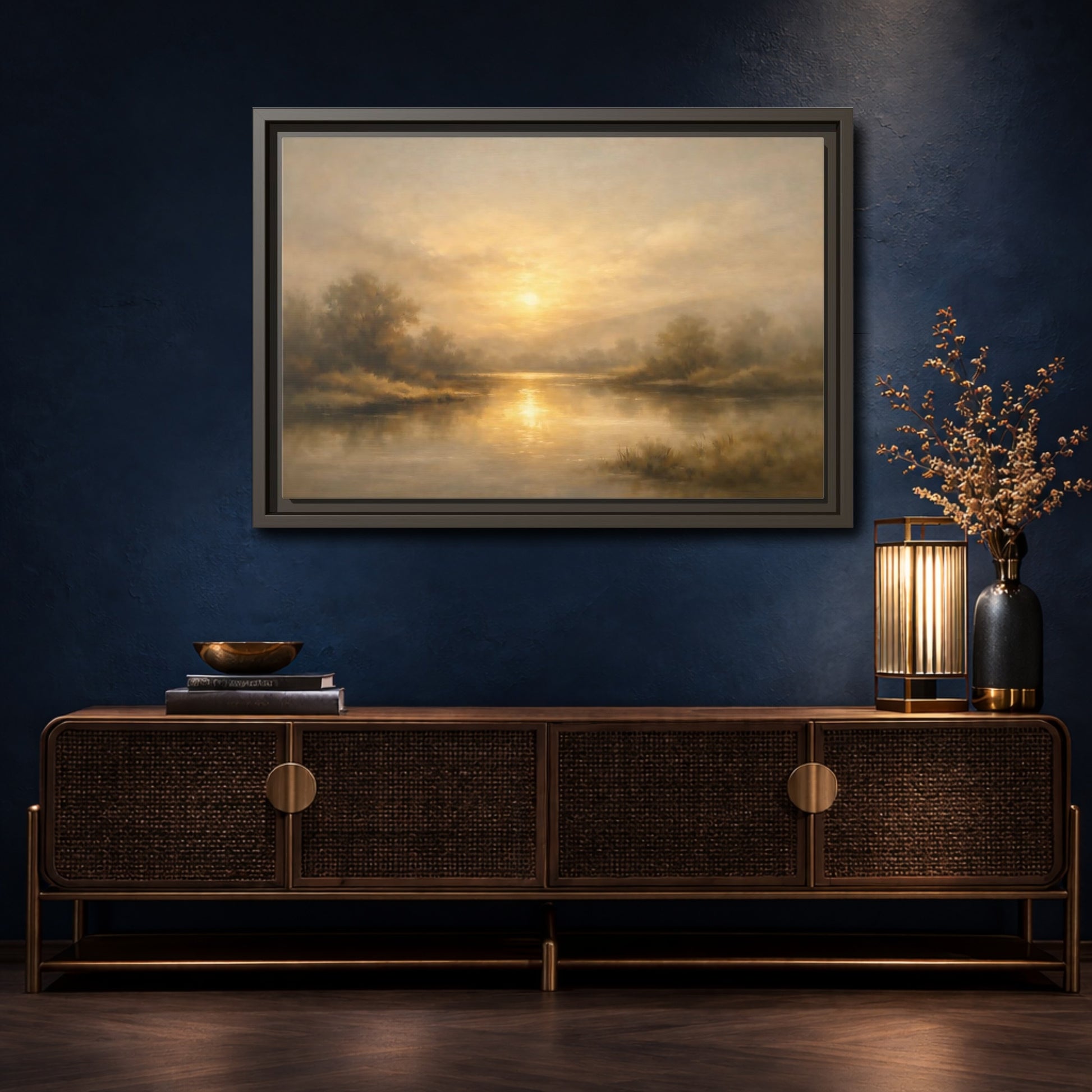 Mockup 4. Nature River Sunset Golden Sunset shown as stretched canvas wall art