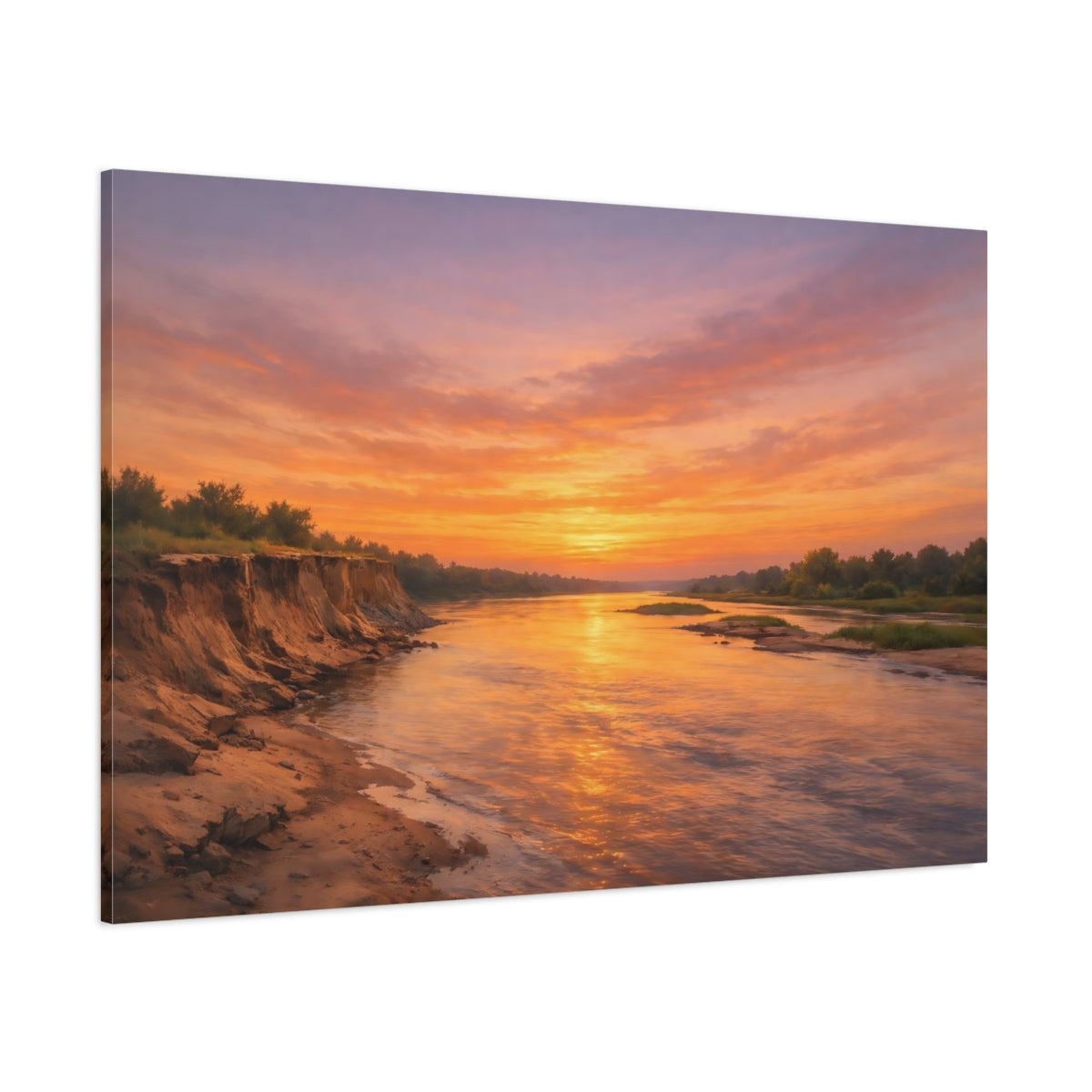Side Mockup 1. Nature River Sunset Orange Sunset shown as stretched canvas wall art