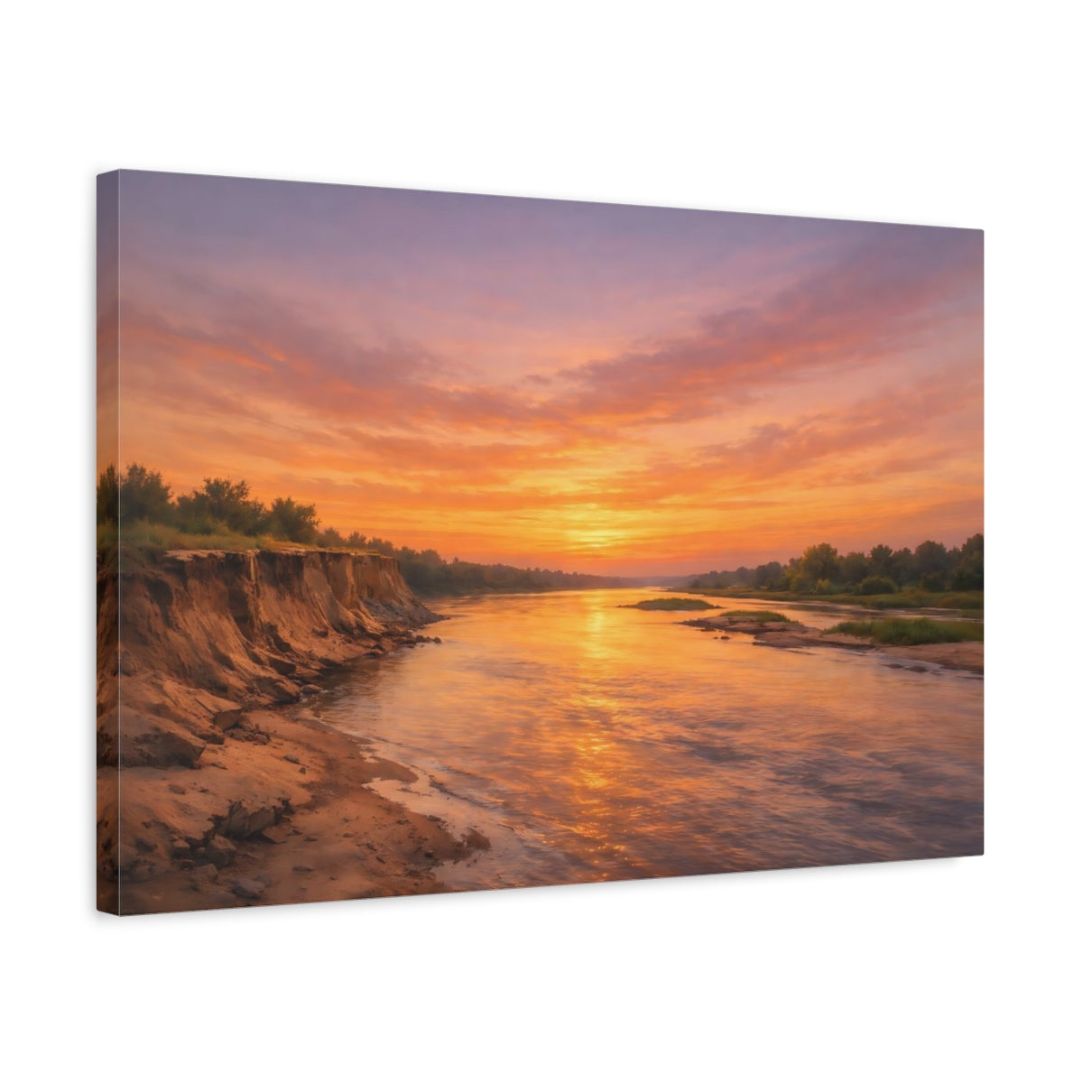Side Mockup 3. Nature River Sunset Orange Sunset shown as stretched canvas wall art