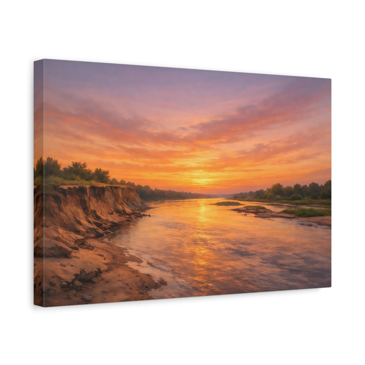 Side Mockup 4. Nature River Sunset Orange Sunset shown as stretched canvas wall art