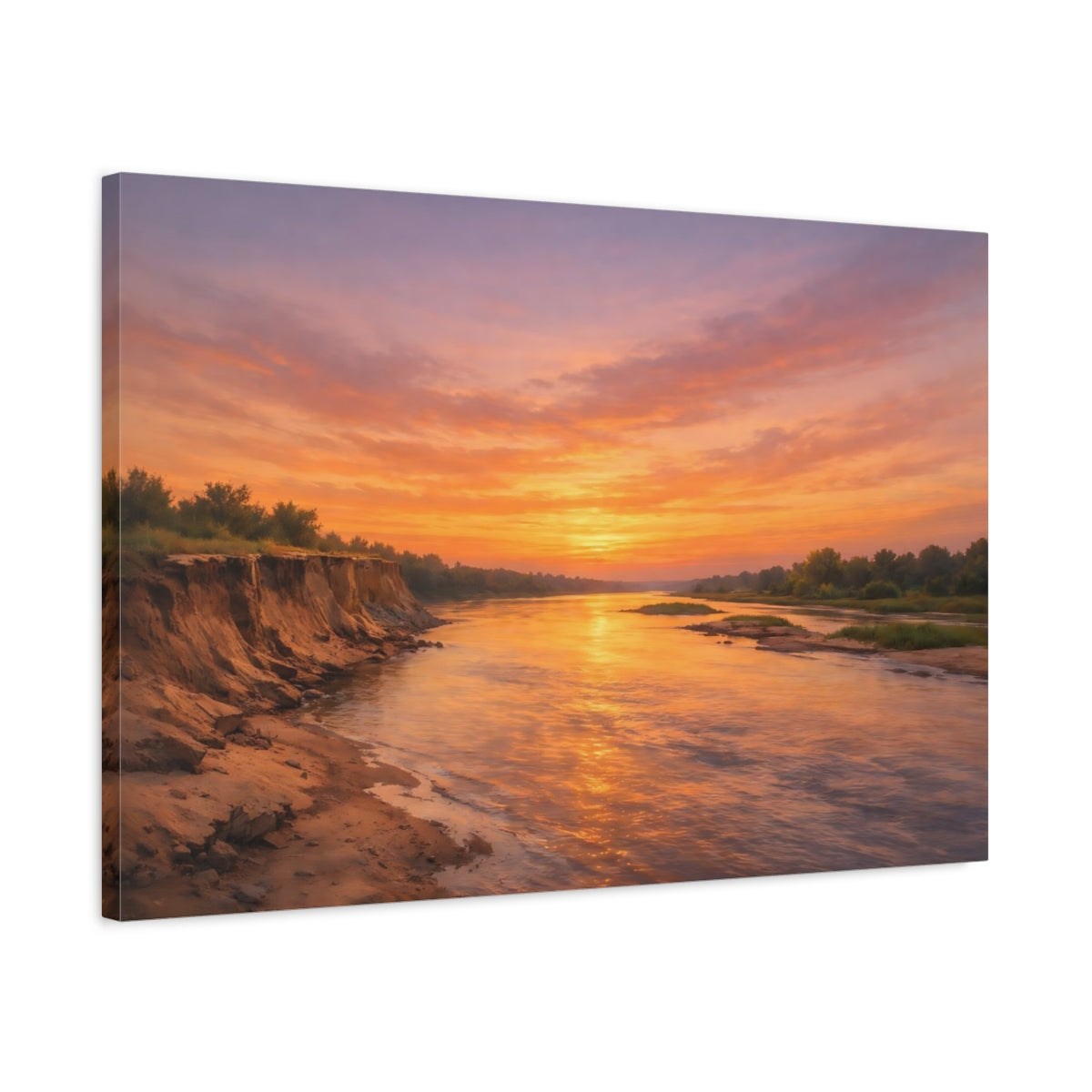 Side Mockup 2. Nature River Sunset Orange Sunset shown as stretched canvas wall art