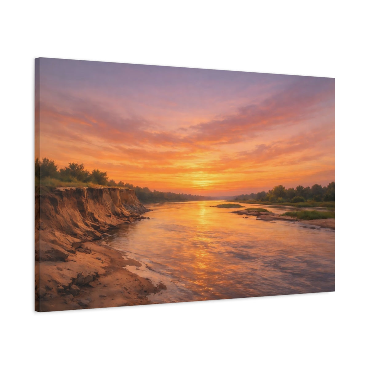 Main Mockup. Nature River Sunset Orange Sunset shown as stretched canvas wall art