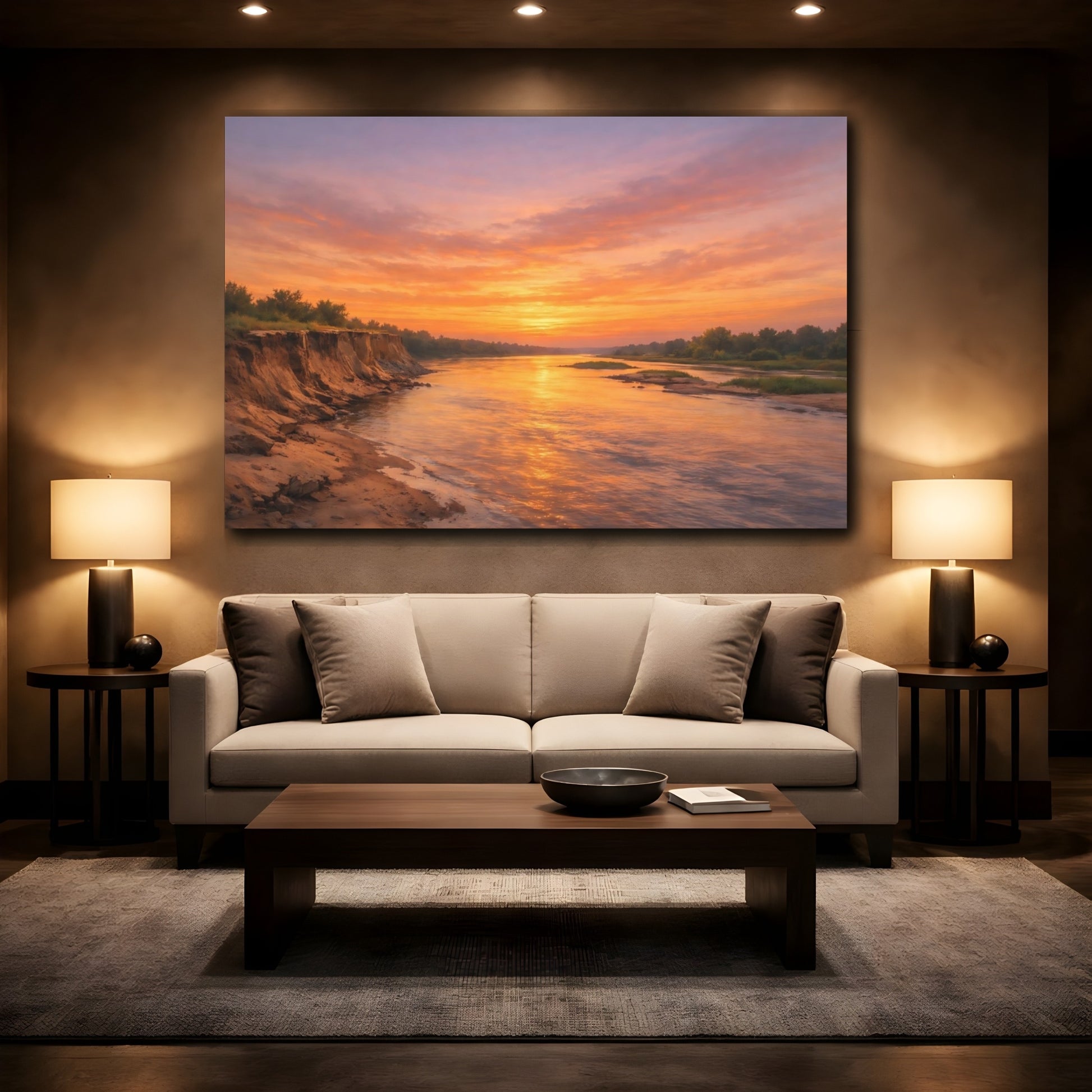 Mockup 2. Nature River Sunset Orange Sunset shown as stretched canvas wall art
