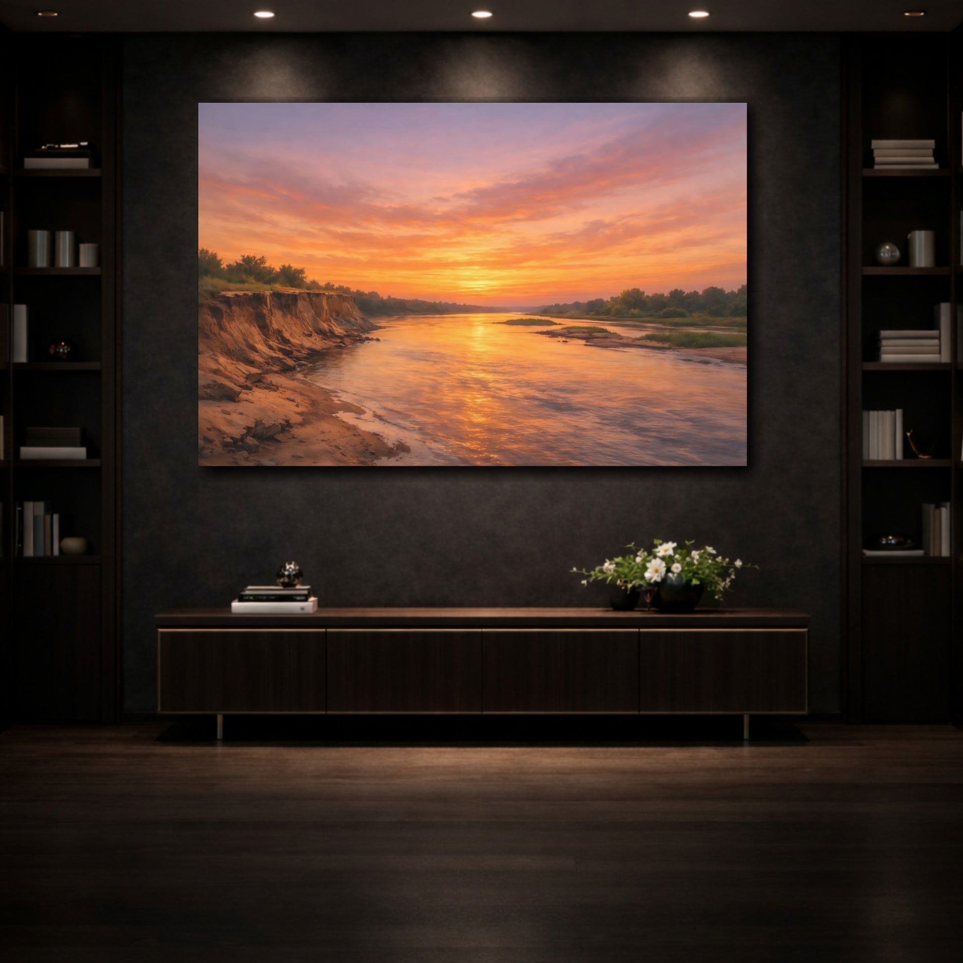 Mockup 3. Nature River Sunset Orange Sunset shown as stretched canvas wall art