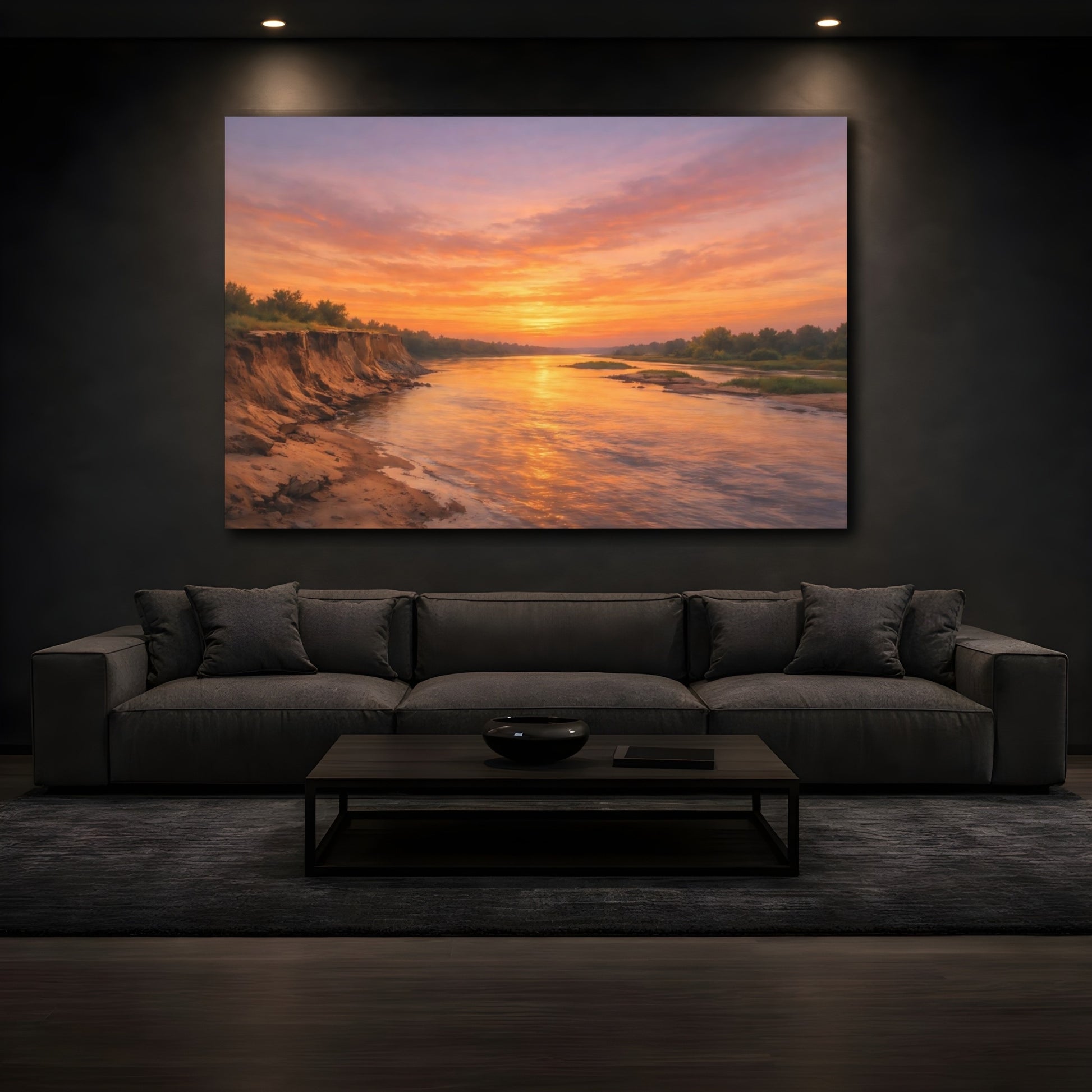 Mockup 4. Nature River Sunset Orange Sunset shown as stretched canvas wall art