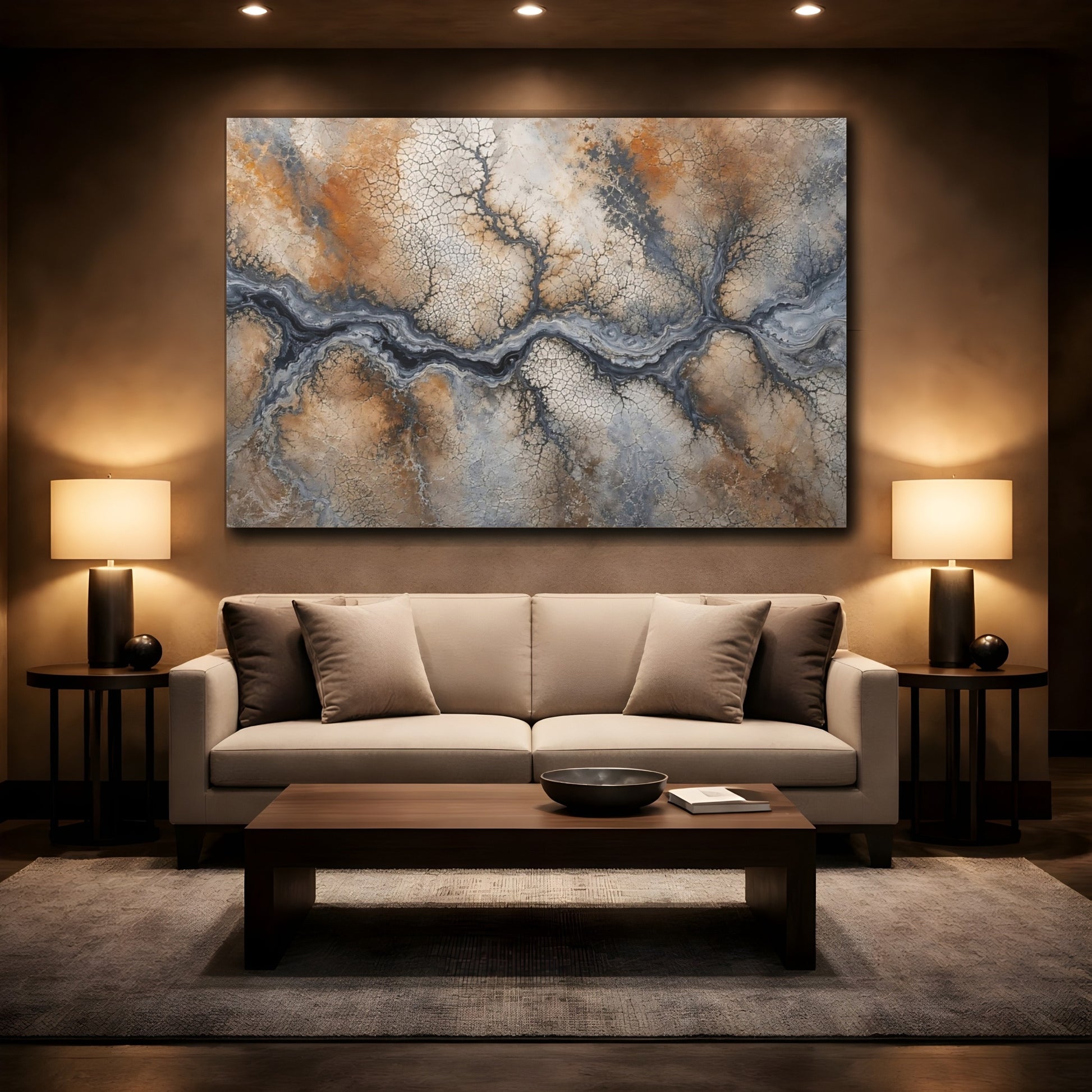 Mockup 2. Nature River System Earthy Tones shown as stretched canvas wall art