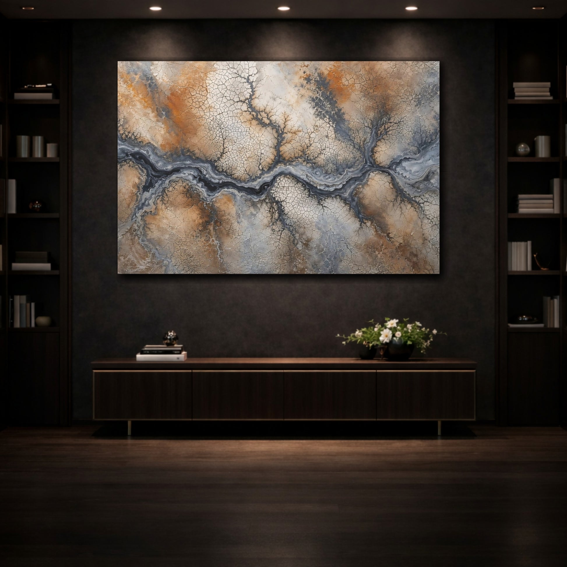 Mockup 3. Nature River System Earthy Tones shown as stretched canvas wall art