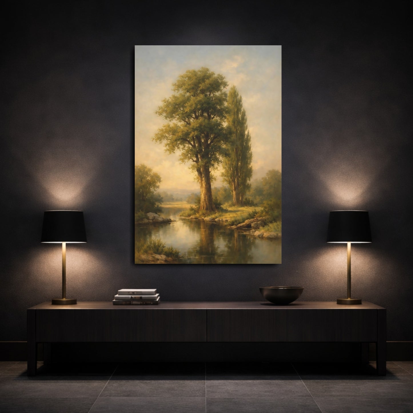 Mockup 2. Nature River Trees Green Nature Landscape shown as stretched canvas wall art