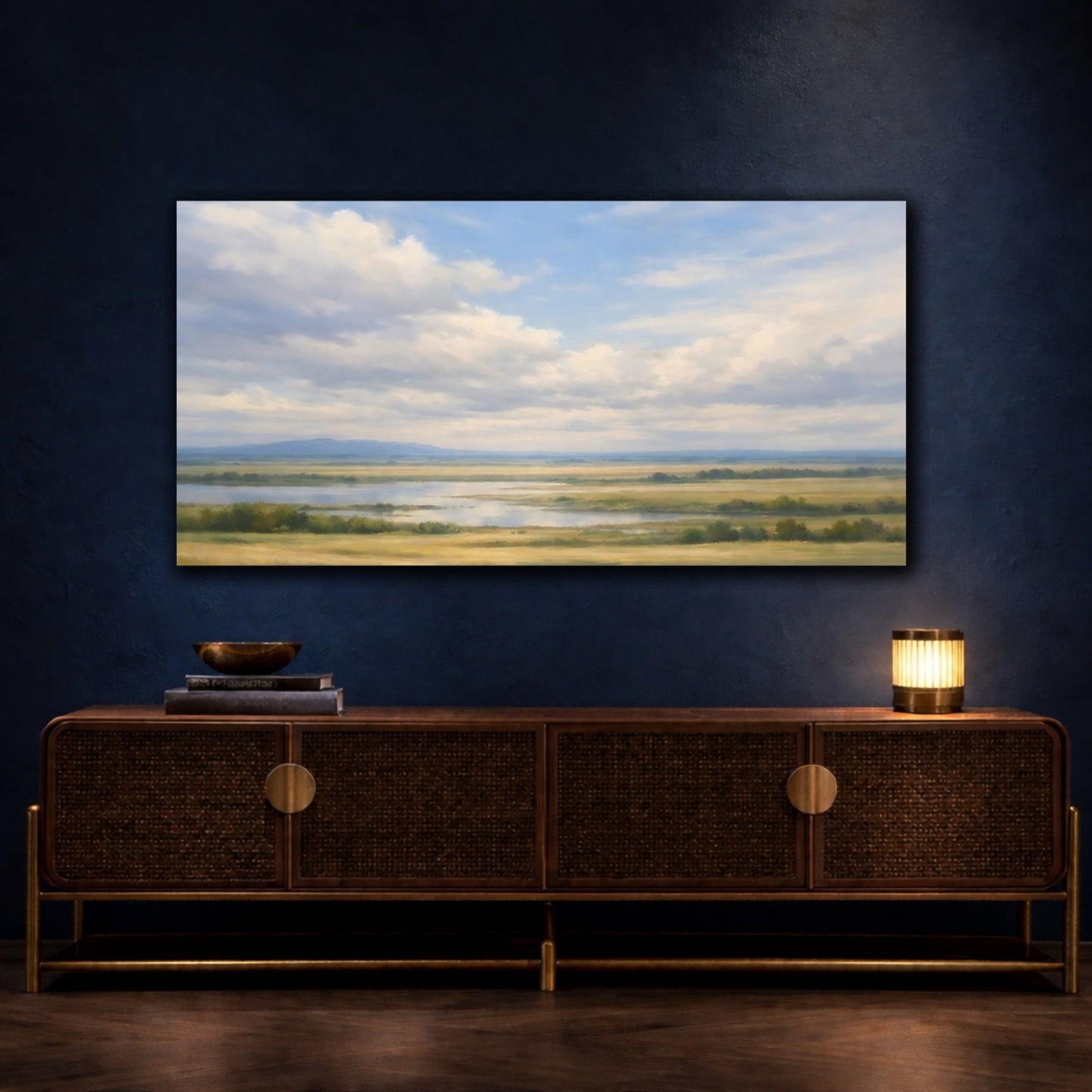 Nature River Valley Blue And Gold - Canvas Wall Art Print - YesArtYes