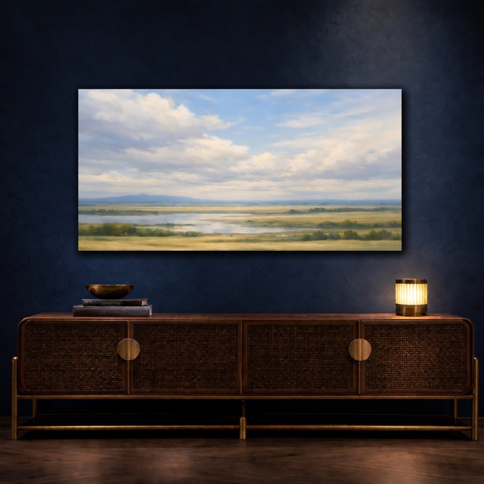 Nature River Valley Blue And Gold - Canvas Wall Art Print - YesArtYes