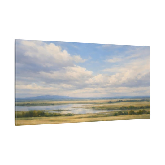 Main Mockup. Nature River Valley Blue And Gold Landscape shown as stretched canvas wall art
