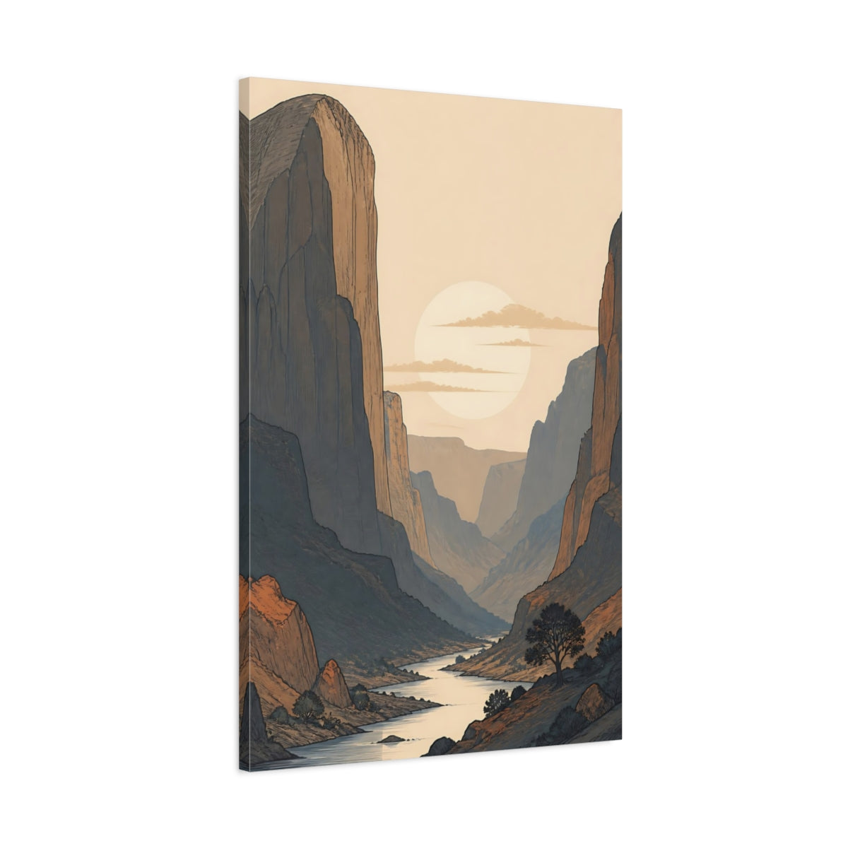 Main Mockup. Nature River Valley Earthy Landscape shown as stretched canvas wall art