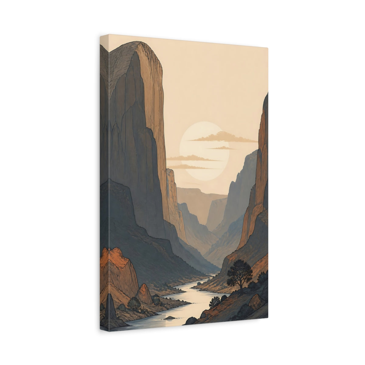 Side Mockup 4. Nature River Valley Earthy Landscape shown as stretched canvas wall art