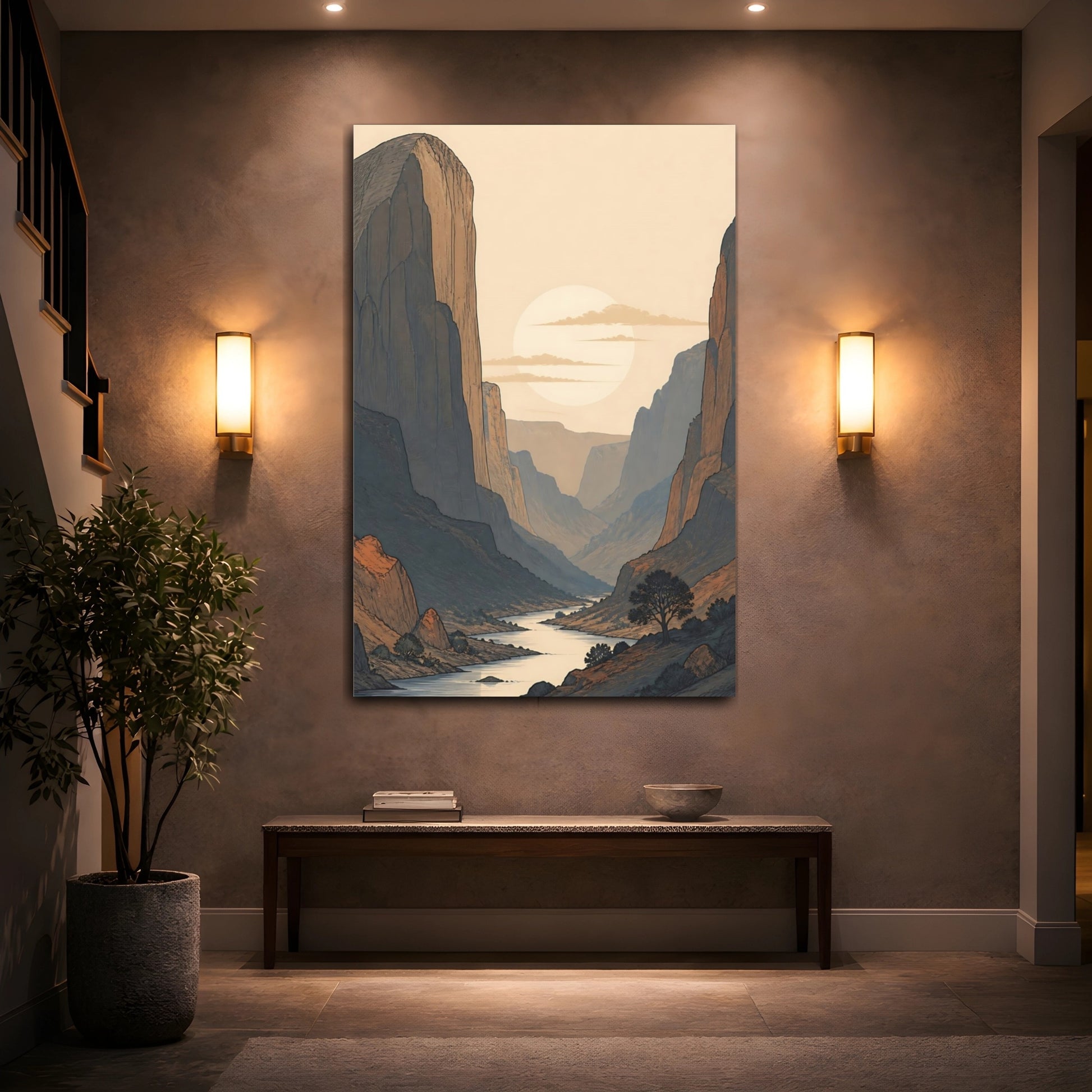 Mockup 2. Nature River Valley Earthy Landscape shown as stretched canvas wall art