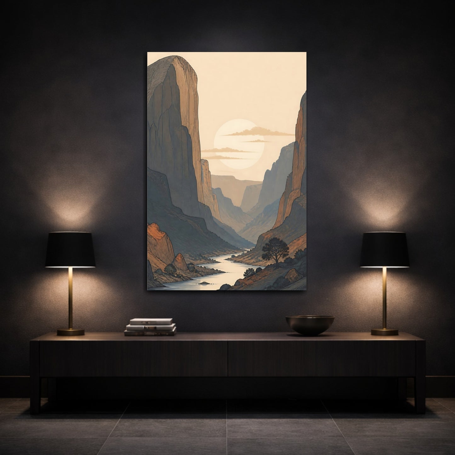 Mockup 3. Nature River Valley Earthy Landscape shown as stretched canvas wall art
