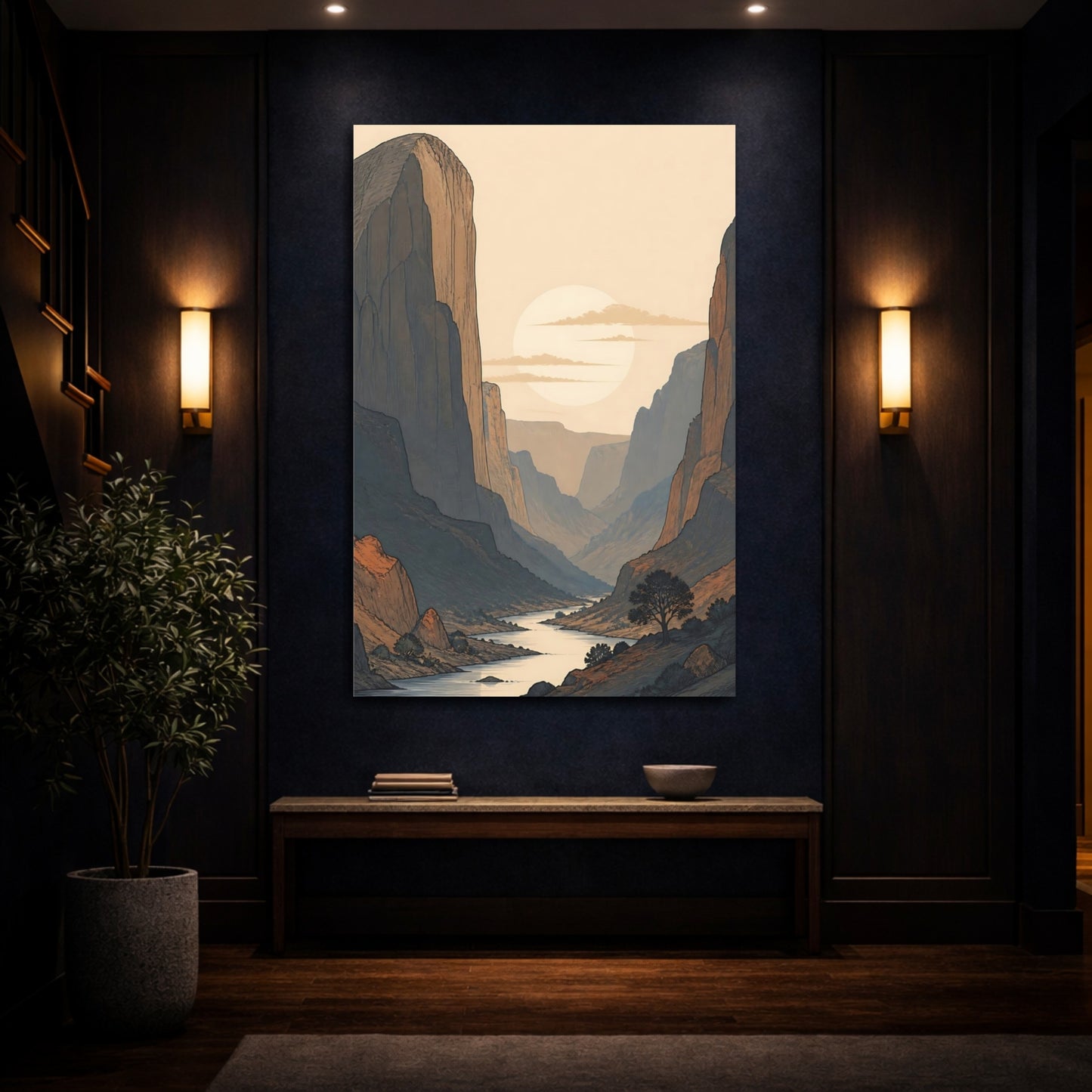 Mockup 4. Nature River Valley Earthy Landscape shown as stretched canvas wall art