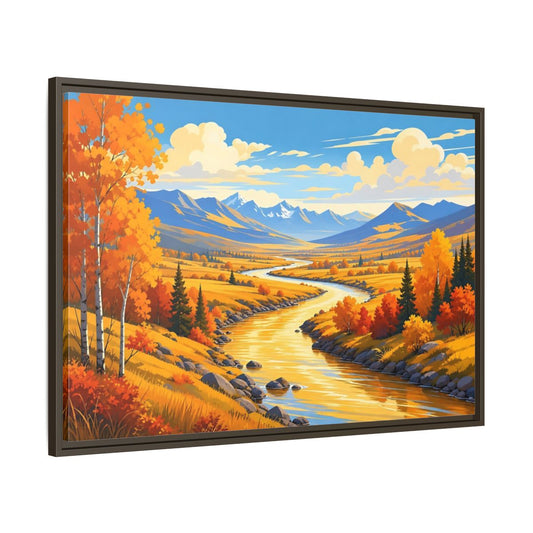 Main Mockup. Nature River Valley Golden Autumn shown as stretched canvas wall art